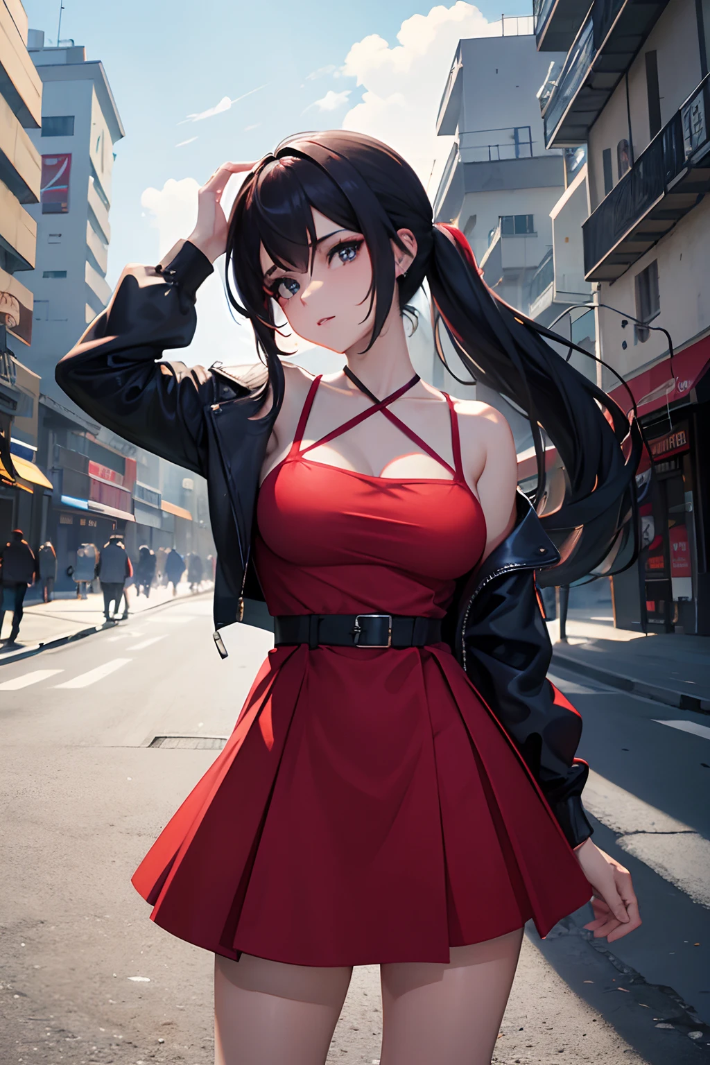 1 chica, cabello robusto, en la ciudad, ojos rojos, intimidante, falda, pose sexy,(Pechos Grandes), vestido azul