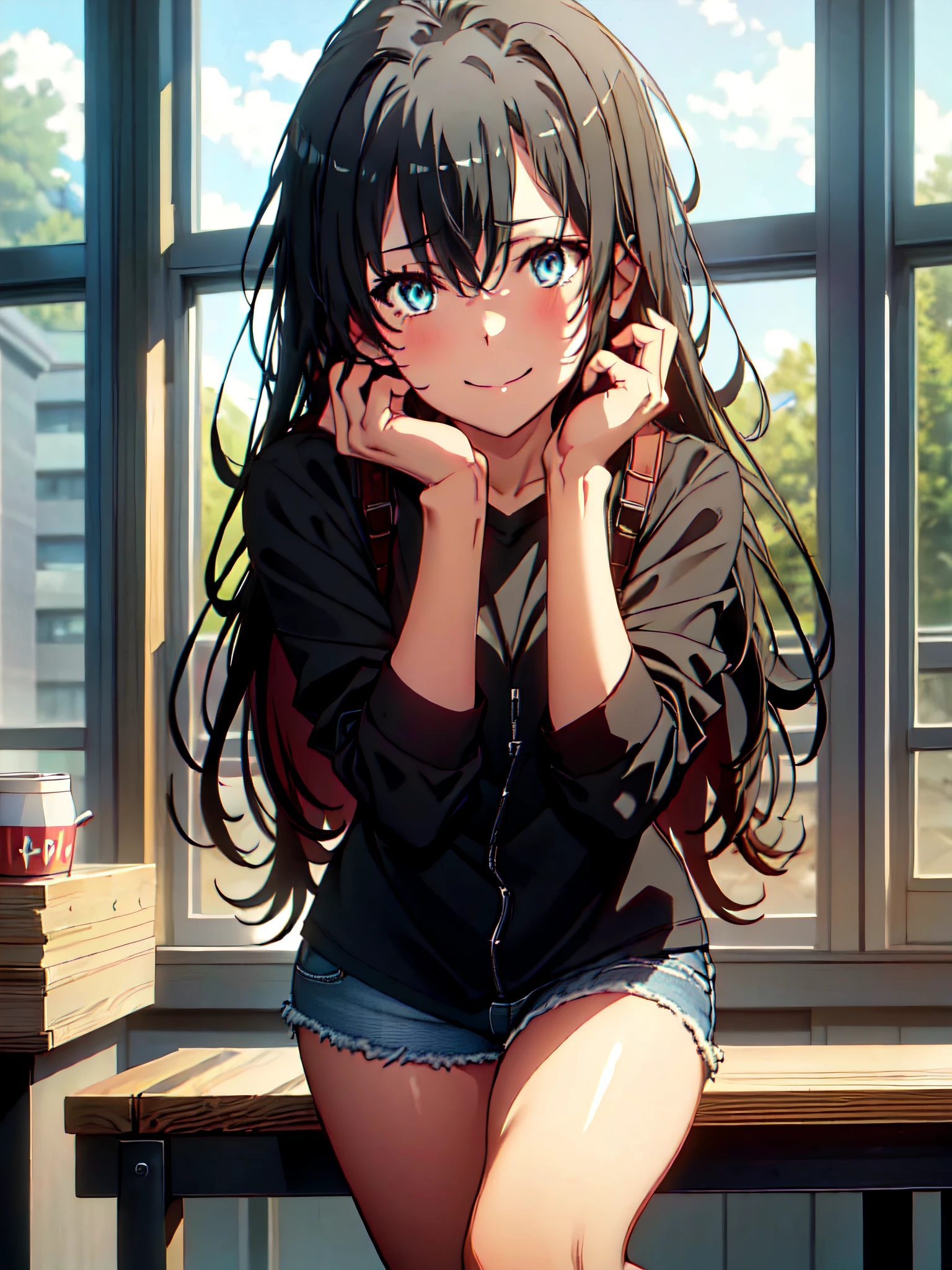 (UHD, super high quality, ultra detailed, masterpiece, cinematic), highres, 1girl, portrait, movie quality, cinematic lighting, (particle lighting), cafe, window overlooking beautiful scenery, simple background, yukinoshitaYukino, dark hair, (detailed eyes), (detailed face), blue super detailed eyes, reading book, drinking coffee, black t-shirt, (black shirt), (blue jean shorts), thick thighs, slight face blush, slight smile, smooth skin, exposed legs, exposed arms, dynamic pose