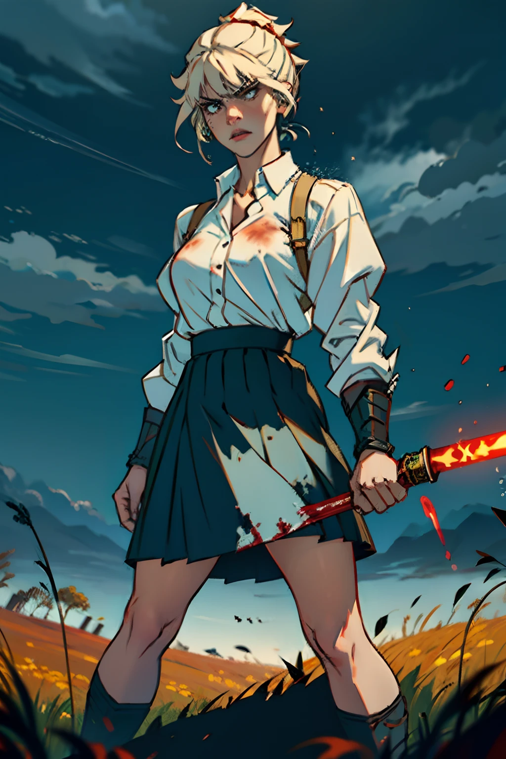 An angry, bitter woman, wearing a white blood spattered skirt and a black blouse, brandishing a large bloody saber, background is open field, dark puffy storm clouds, mood is tragic, violent, agonizing, horrifying, character design.