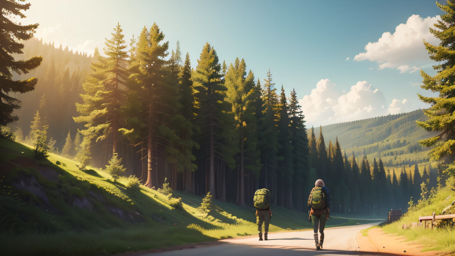 A device for searching for coins in the ground, Concept art, against the backdrop of a natural landscape, Forests and fields, Sunny day, Woman in the style of DayZ, with backpack, Realism of the image, higly detailed,