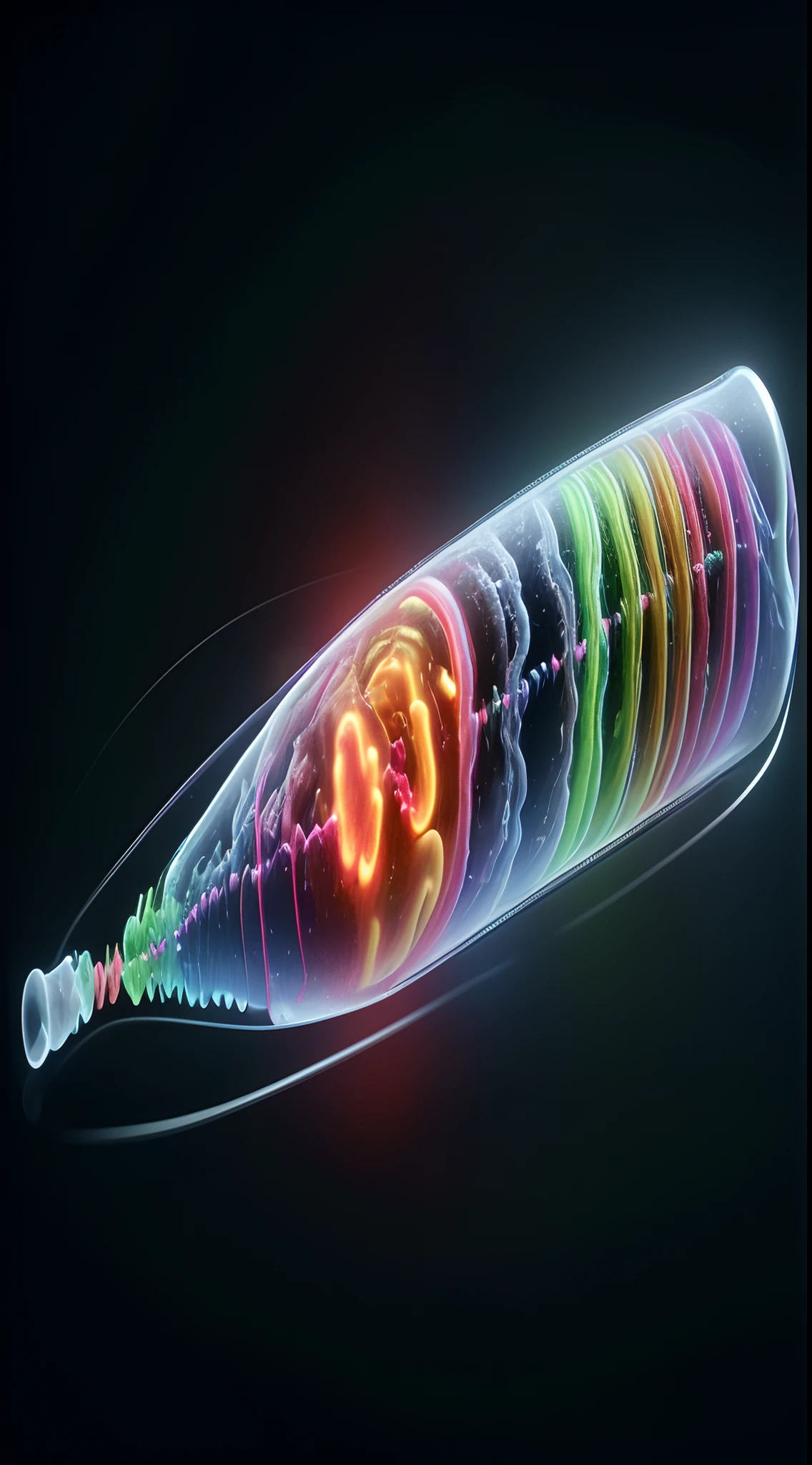 a close up of a cell phone with a colorful image of a cell phone, connected with glowing tubes 8 k, swirling bioluminescent energy, bright microscopic view realism, soft bioluminescent membranes, metamorphosis complex 3d render, cosmic energy wires, neuroscience, scientific depiction, glowing spores flying, soft iridescent membranes