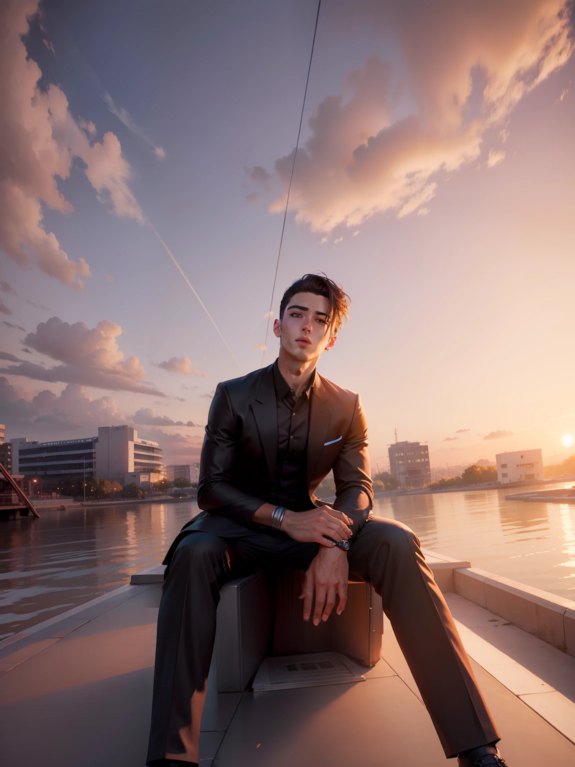Modern handsome boy, Cinematic river sunset background, realistic, 8k, Anime world,