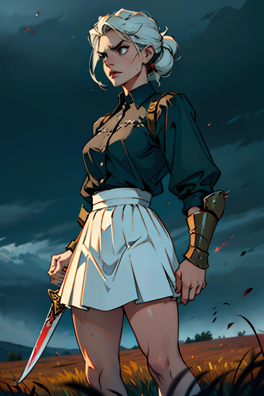 An angry, bitter woman, wearing a white blood spattered skirt and a black blouse, brandishing a large bloody sword, background is open field, dark puffy storm clouds, mood is tragic, violent, agonizing, horrifying, character design.