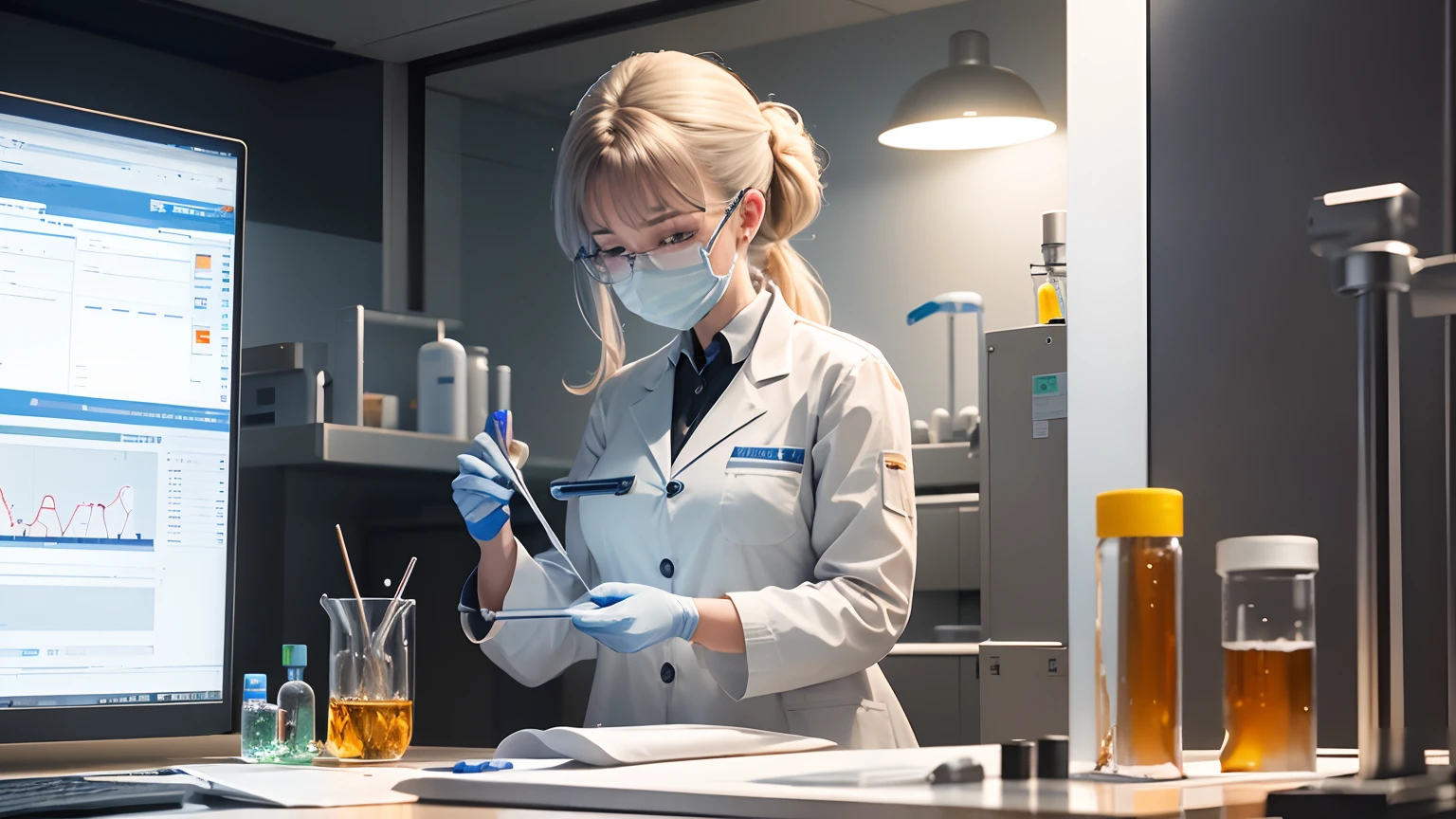 Arafed woman in lab coat and mask using a tablet computer - SeaArt AI