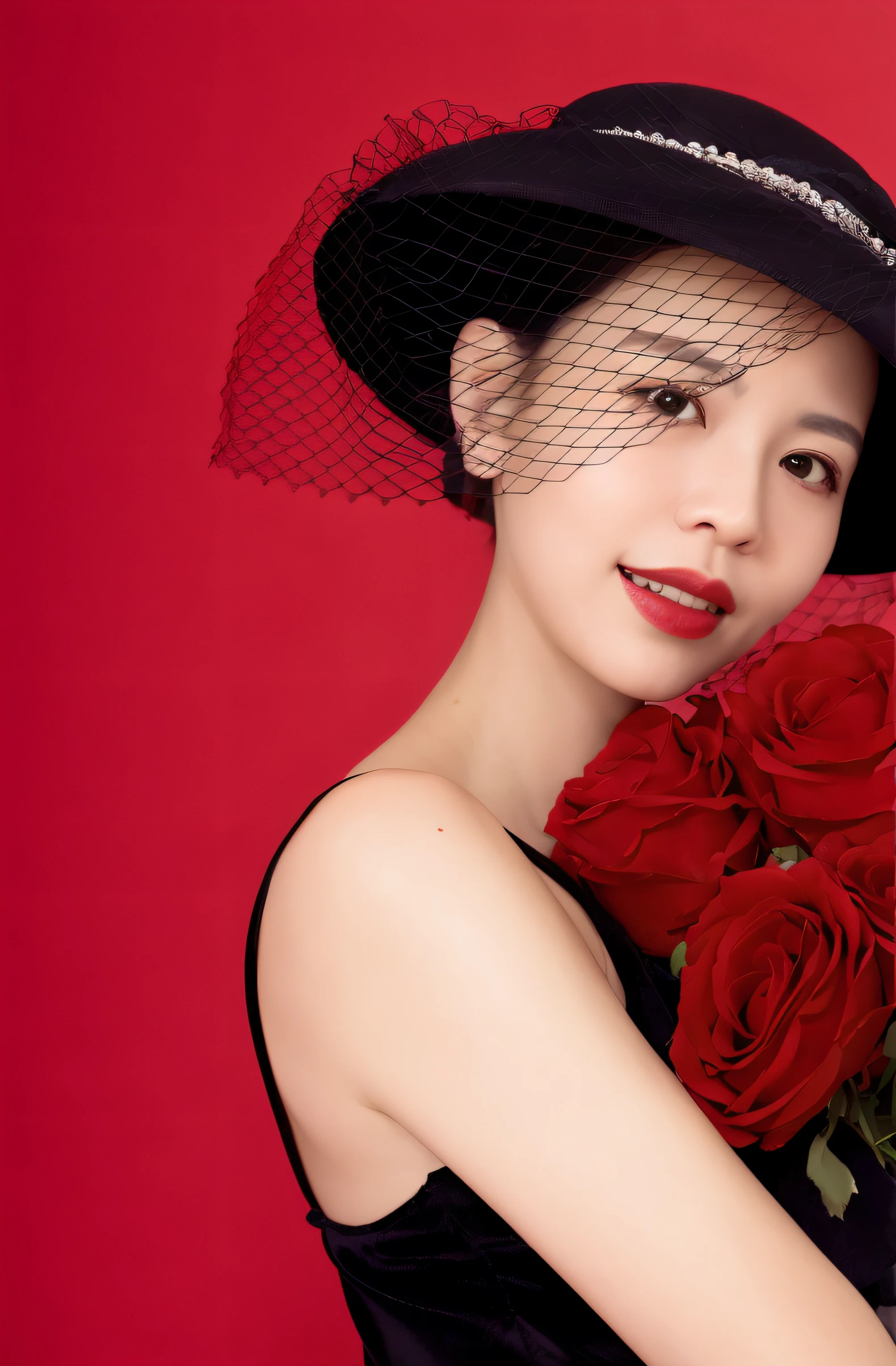 There was a woman in a black dress and hat holding a bouquet of roses, Perfect figure,Do ballet dance moves,Red roses, Red rose, shaxi, in red background, Inspired by Gao Qipei, With flowers, Black and red, wearing black old dress and hat, wearing black dress and hat, Red and black, holding red roses, inspired by Yao Tingmei, style of yoshii chie
