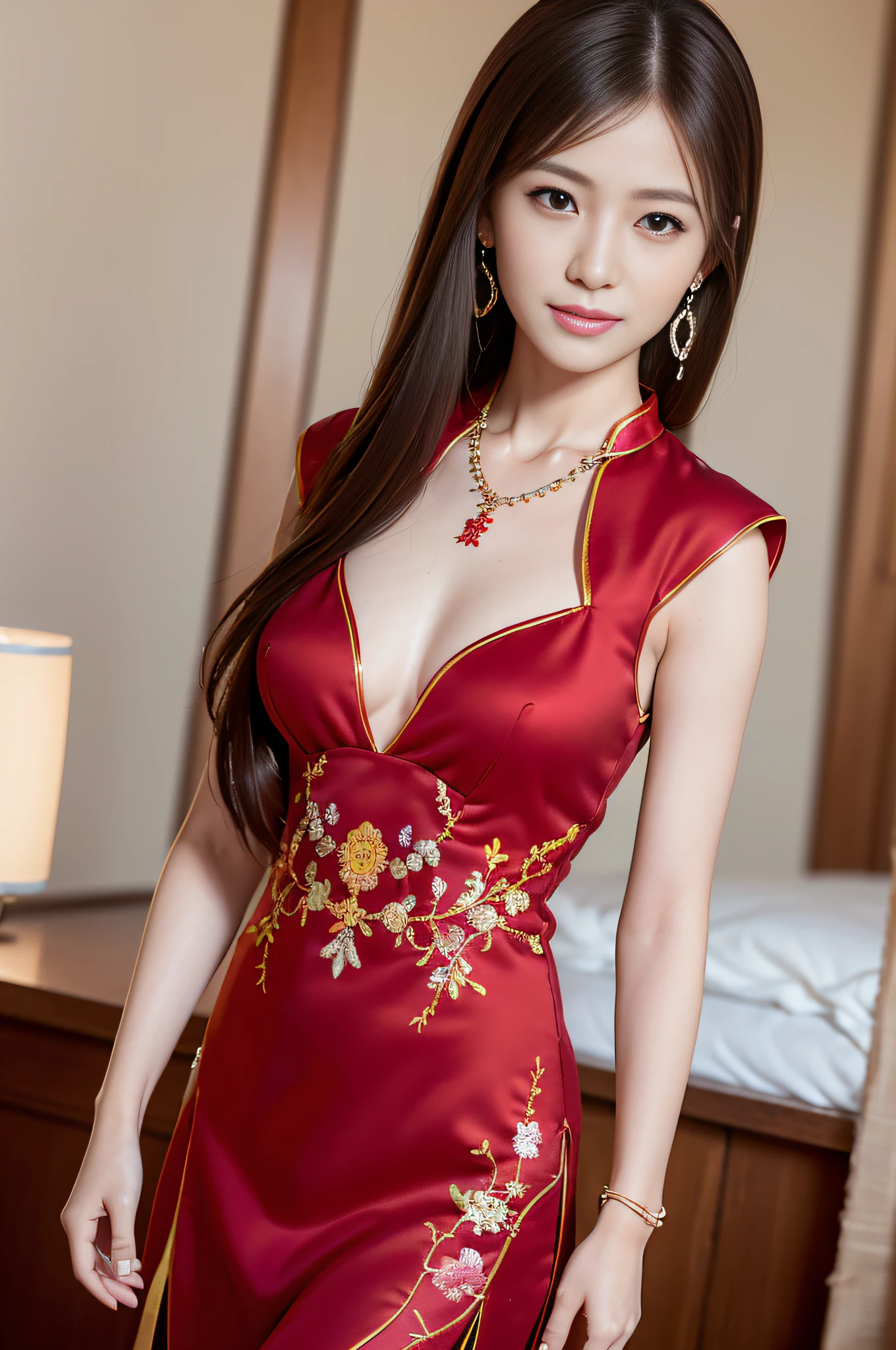 (Masterpiece:1.3), (8K, Photorealistic, Raw photography, Best Quality:1.4), (1girl), Beautiful face, Realistic face, (Detailed face), Beautiful hairstyle, bangs, (Detailed hair), Realistic eyes, (Detailed eyes), Beautiful details, Realistic skin, (Detailed skin), Beautiful skin, Attractive, Ultra high definition, A hyper-realistic, Very detailed, (medium breasts:0.5), Japanese beauty, (slim figure),
( arafed image of a woman wearing a Haute couture embroidered red cheongsam ),
(), high heels, gentle smile, brown hair, (necklaces, earrings, bracelets), (super model figure), cute young Japanese girl, pretty young Japanese girl,
