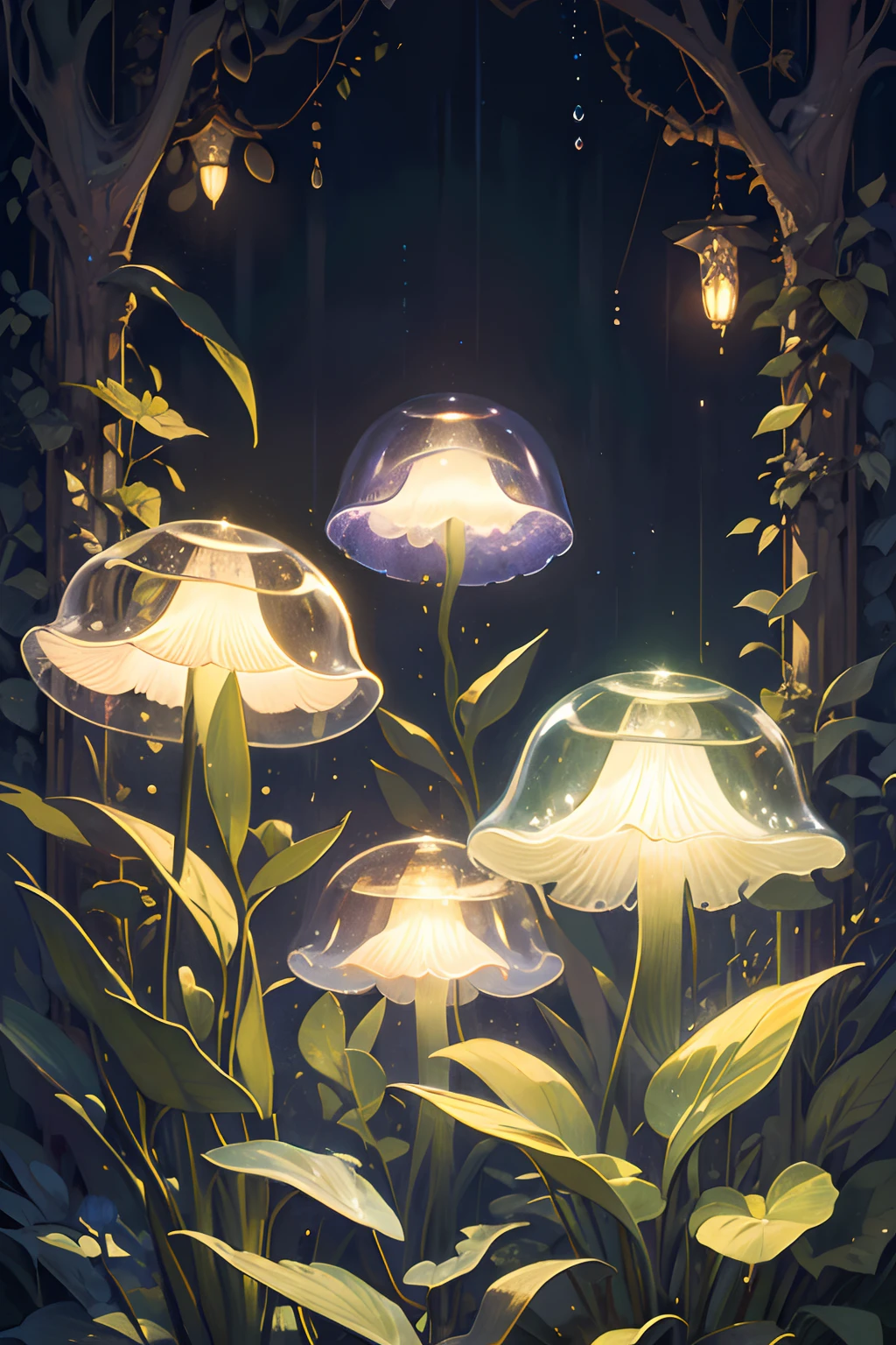Vintage Victorian style Precise vintage encyclopedia (best quality:1.2), (detailed:1.2), (masterpiece:1.2), vintage illustrations of magical forest at night, botanical, ((without people)) ((nobody)) iridescent light, raindrops, moonlight, impossible glowing glass mushrooms