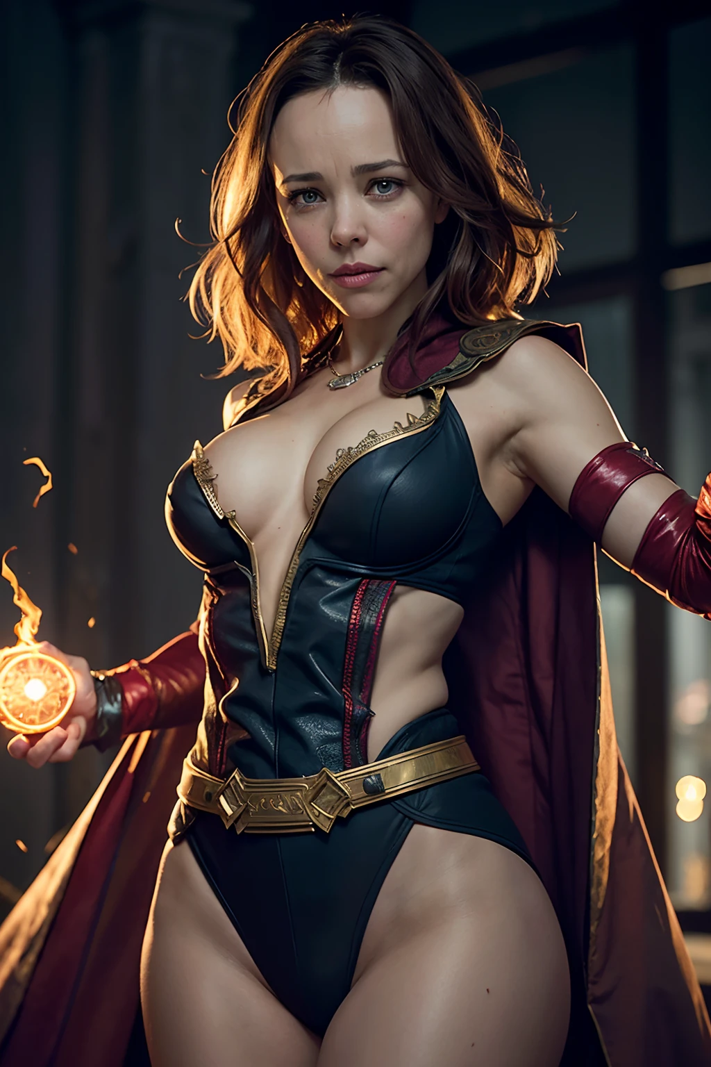((Rachel McAdams as Dr. strange performing magic spell)), wearing Dr. Strange cape, wearing Eye of Agamotto necklace, big necklace, (dynamic pose), defined muscles, red hair, athletic build, tight costume, very beautiful, ((sexy, small natural breast, cleavage, nippin, camel toe)),  (highly detailed skin: 1.2), serious face, beautiful face, highly detailed skin, skin pores, (highly detailed face:1.1), (highly detailed eyes:1.1), realistic pupils, full face blush, full lips, (perfect anatomy:1.1), (perfect proportions:1.1), (photography:1.1), (photorealistic:1.1), volumetric lighting, dynamic lighting, real shadows, (highres:1.1), sharp focus, (realistic, hyperrealistic:1.4), intricate, high detail, dramatic, subsurface scattering, vivid, polished, sharpened, 35mm, 8k
