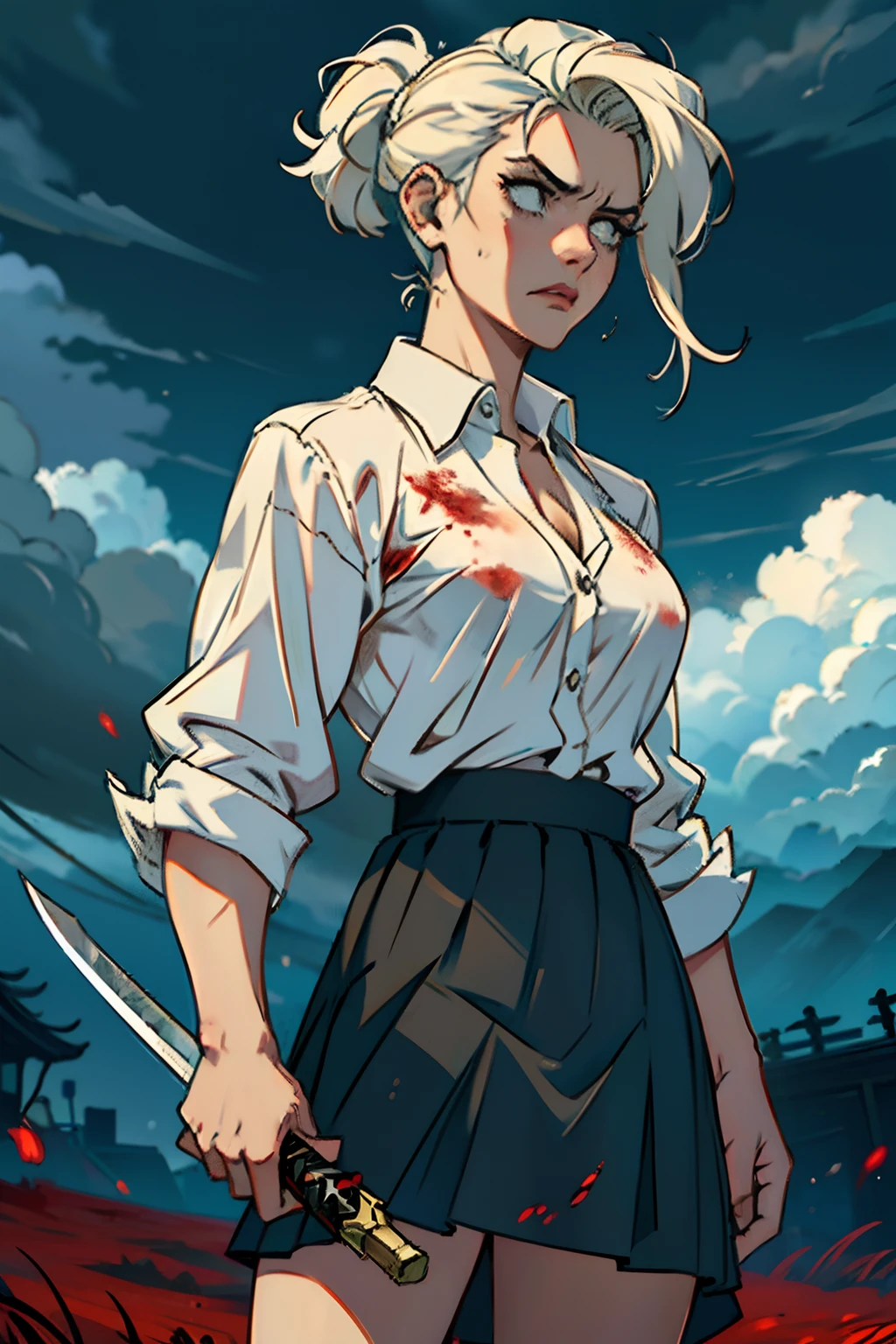 An angry, bitter woman, wearing a white blood spattered skirt and a black blouse, brandishing a large bloody sword, background is open field, dark puffy storm clouds, mood is tragic, violent, agonizing, horrifying, character design.