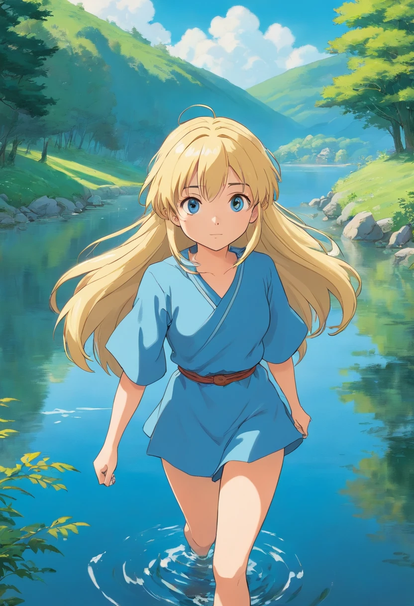 Fille , cheveux blonde , yeux bleu arrondie , qui marche sur un lac en campagne avec un temps nuageux