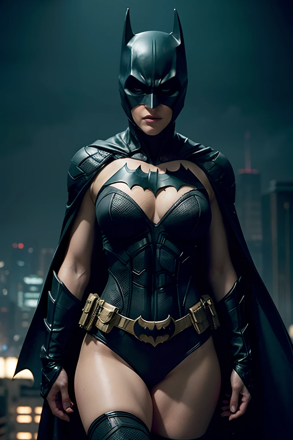 ((Jennifer Garner as Batman holding a Batarang)), wearing Batman armor with cape, (dynamic pose), defined muscles, red hair, athletic build, tight costume, very beautiful, ((sexy, small natural breast, cleavage, nippin, camel toe)),  (highly detailed skin: 1.2), serious face, beautiful face, highly detailed skin, skin pores, (highly detailed face:1.1), (highly detailed eyes:1.1), realistic pupils, full face blush, full lips, (perfect anatomy:1.1), (perfect proportions:1.1), (photography:1.1), (photorealistic:1.1), volumetric lighting, dynamic lighting, real shadows, (highres:1.1), sharp focus, (realistic, hyperrealistic:1.4), intricate, high detail, dramatic, subsurface scattering, vivid, polished, sharpened, 35mm, 8k, (((Night photography, Gotham city background)