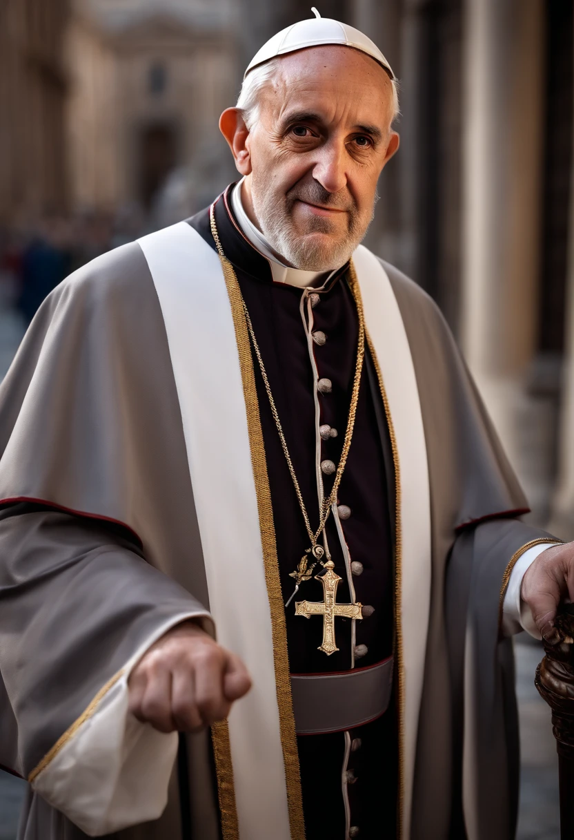 (best quality,highres:1.2),vivid colors,Fantasy art,potrait,detailed face,long beard,wise looking eyes,traditional Pope hat,[Francisco] Pope,head of Roman Catholic Church,wearing a [Jean jacket],holding a [sword],standing confidently in a [city],surrounded by tall buildings,at night with [city lights] shining,expresses power and determination,photorealistic:1.37