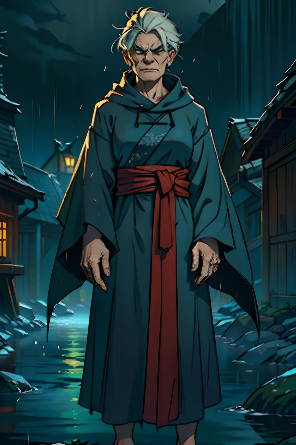 An angry old woman, with a deadly scowl, wearing tattered robes, holding a dim candle, background is dark, misty rain, mood is gloomy, desperate, confining, depressing, night time light, character design.