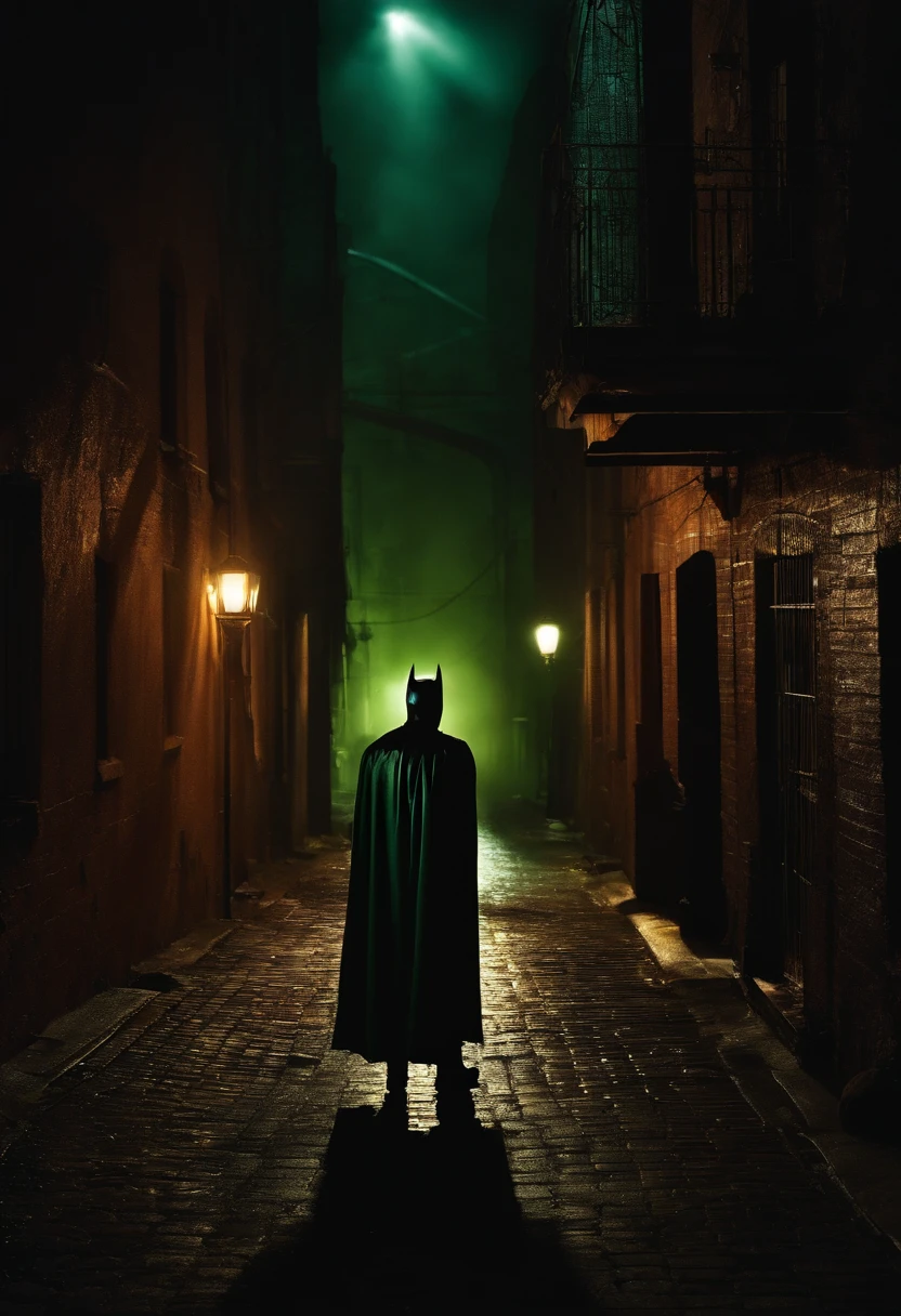 Uma imagem poderosa do Hulk, vestindo uma fantasia de Batman, Standing in a dark alley with a single street light illuminating it.