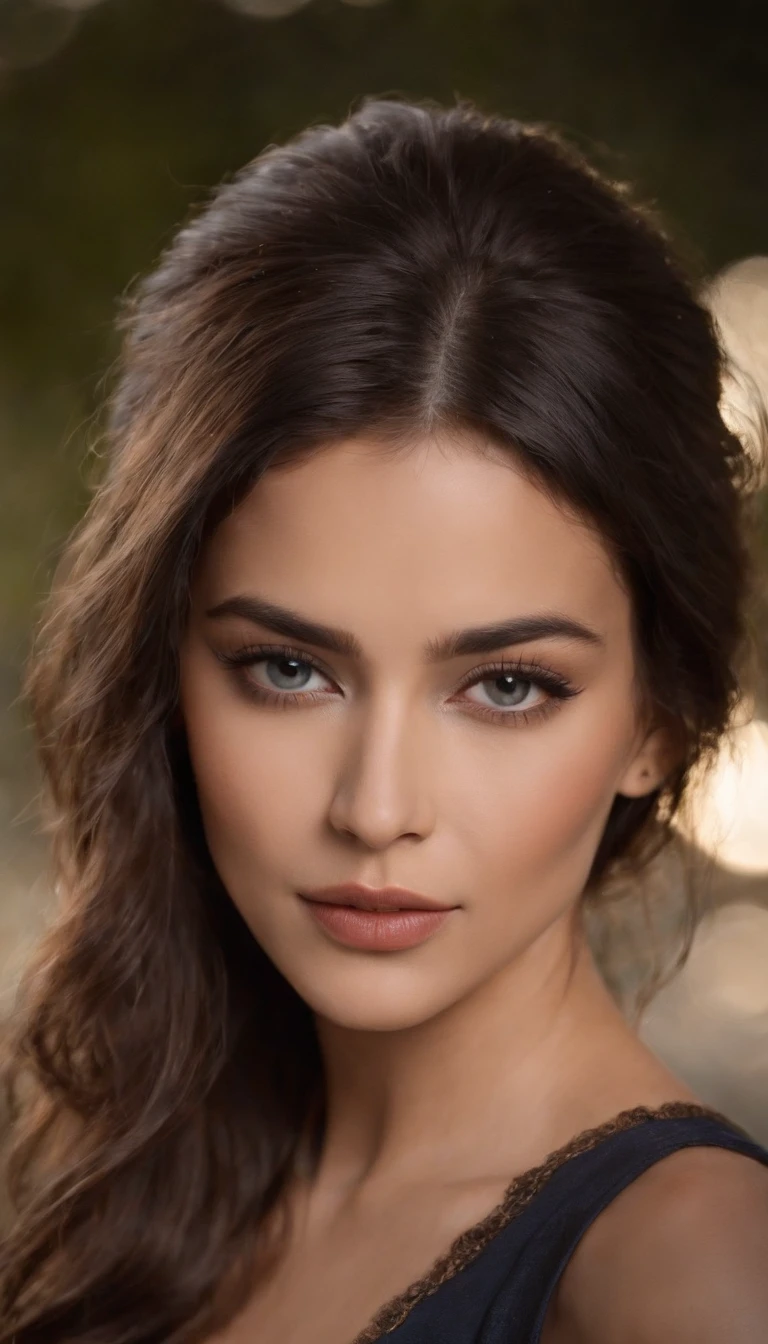 mujer morena.latina. Cabello largo hasta la cintura tinturado entre negro y rubio. top escotado. cuerpo completo. con curvas definidas.ojos azules posando en un atardecer. Round, defined cheekbones.labios carnosos. cejas gruesas y definidas