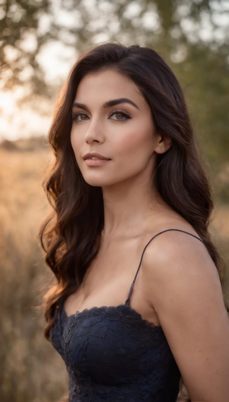 mujer morena.latina. Cabello largo hasta la cintura tinturado entre negro y rubio. top escotado. cuerpo completo. con curvas definidas.ojos azules posando en un atardecer. Round, defined cheekbones.labios carnosos. cejas gruesas y definidas