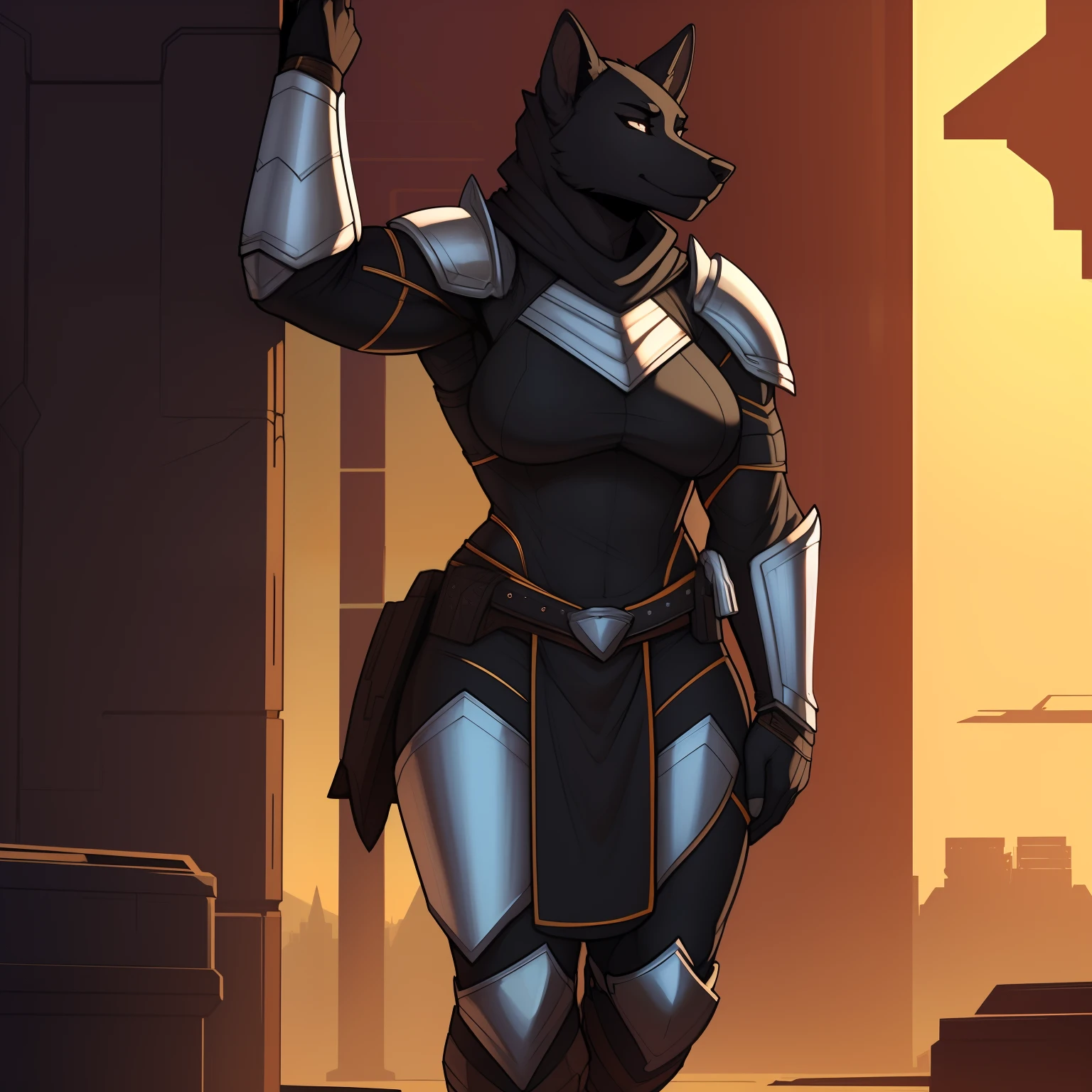 Tall_muscular_warhound female black_furry_body gray_eyes heavy_plate_armor yellow_tabard solo Masterpiece best_quality absurdres highly_detailed cleanly_drawn_eyes anthro_only by_claweddrip, by_greasymojo, by_underscore-b, by_runawaystride