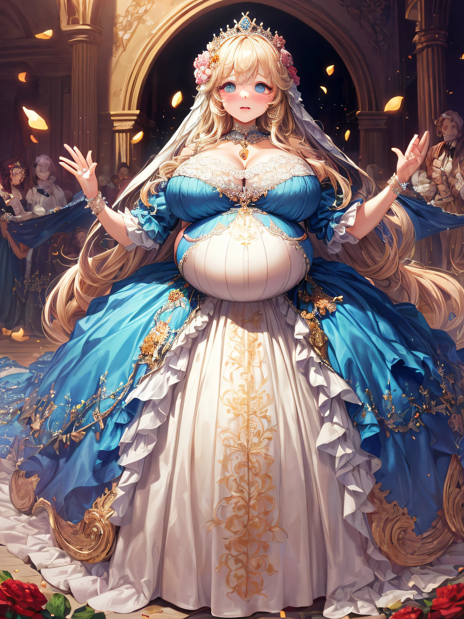 (masterpiece, best quality,extremely detailed:1.1),(moe anime art style:1.2),1girl,((full body,focus face)),((solo)), cute, kawaii,digital art,((1 bling-bling pregnant princess wearing beautiful embroidery and jeweled gorgeous princess rococo ballgown with voluminous full length hoop skirt)),(((heavily pregnant,very big pregnant belly))),((crinoline)),long train,voluminous frills,(gorgeous embroidery and beautiful lace),((very gigantic boobs,skindentation)),cleavage,shiny hair,(((very long straight hair,large amount of straight hair))),((embarrassed)),anguish,((finely detailed face and eyes)),clear pupil,extremely gorgeousfull hair ornament,(bling-bling jeweled extremely gorgeousfull tiara),(bling-bling gorgeous gemstone jewelry),long veil,beautiful background,fantasy background,flowers,flower petals flowing,full body,((beautiful embroidery and jeweled ruffled gorgeous princess rococo ballgown with voluminous full length hoop skirt))