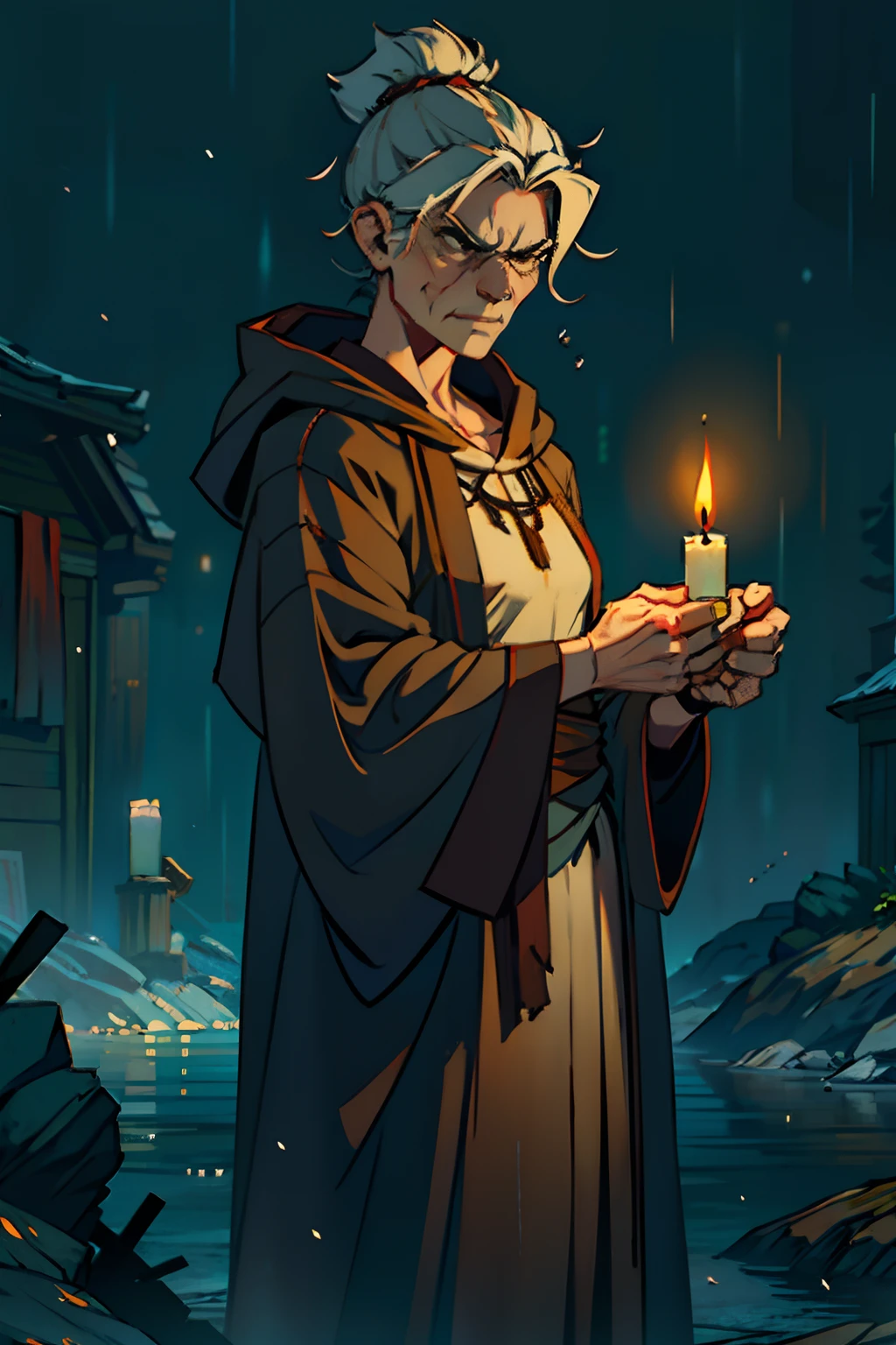 An angry old woman, with a deadly scowl, wearing brown tattered robes, holding a small candle, background is dark, misty rain, mood is gloomy, desperate, confining, depressing, night time light, character design.