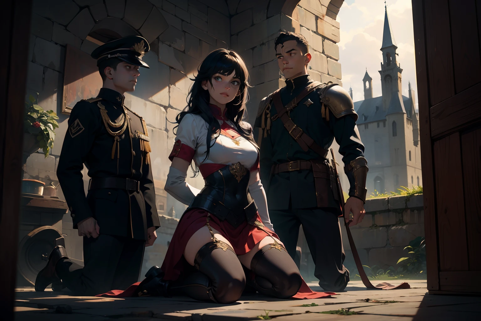 Depicts an 18-year-old kneeling captive girl guarded by male soldiers standing in armor.. The girl has long black hair, cabello desordenado, small breasts, (Significar, sonrisa traviesa), Dark and damp terrifying castle prison, atado con cadenas, cadenasalrededor del pecho, peligro inmediato, Sin censura, Guerreros alrededor, (Obra maestra, Excelente, Detalles complejos, Diferencia de color), realismo,