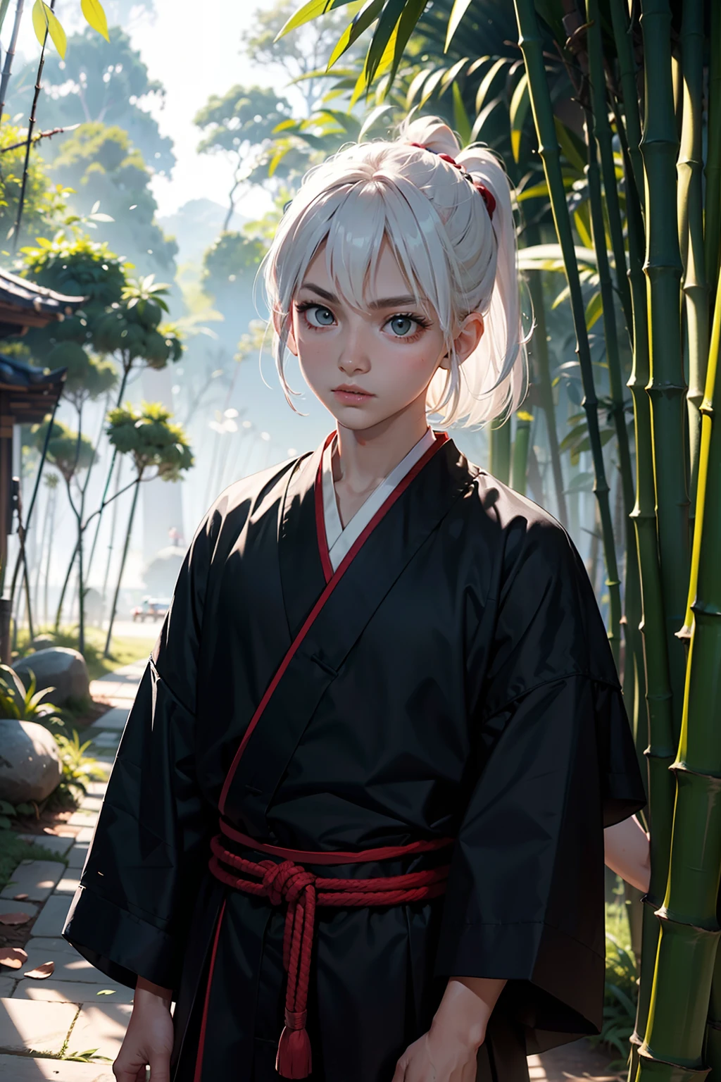 Best quality at best，Selva de Bambu，folhas laranjas e secas，Cortes nos bamboos，Vento suave，grama，dia ensolarado，arvore grande de fundo，（（6-year-old human child white-haired samurai with wild eyes）），（（（Armas samurais））），roupas de aventureiro，lindo，sujo，treinando，Sister，sinais de treino，super-fino，Obras de mestres，alta qualidade，8K分辨率，profundidade de campos，cinemac lighting，epic shot