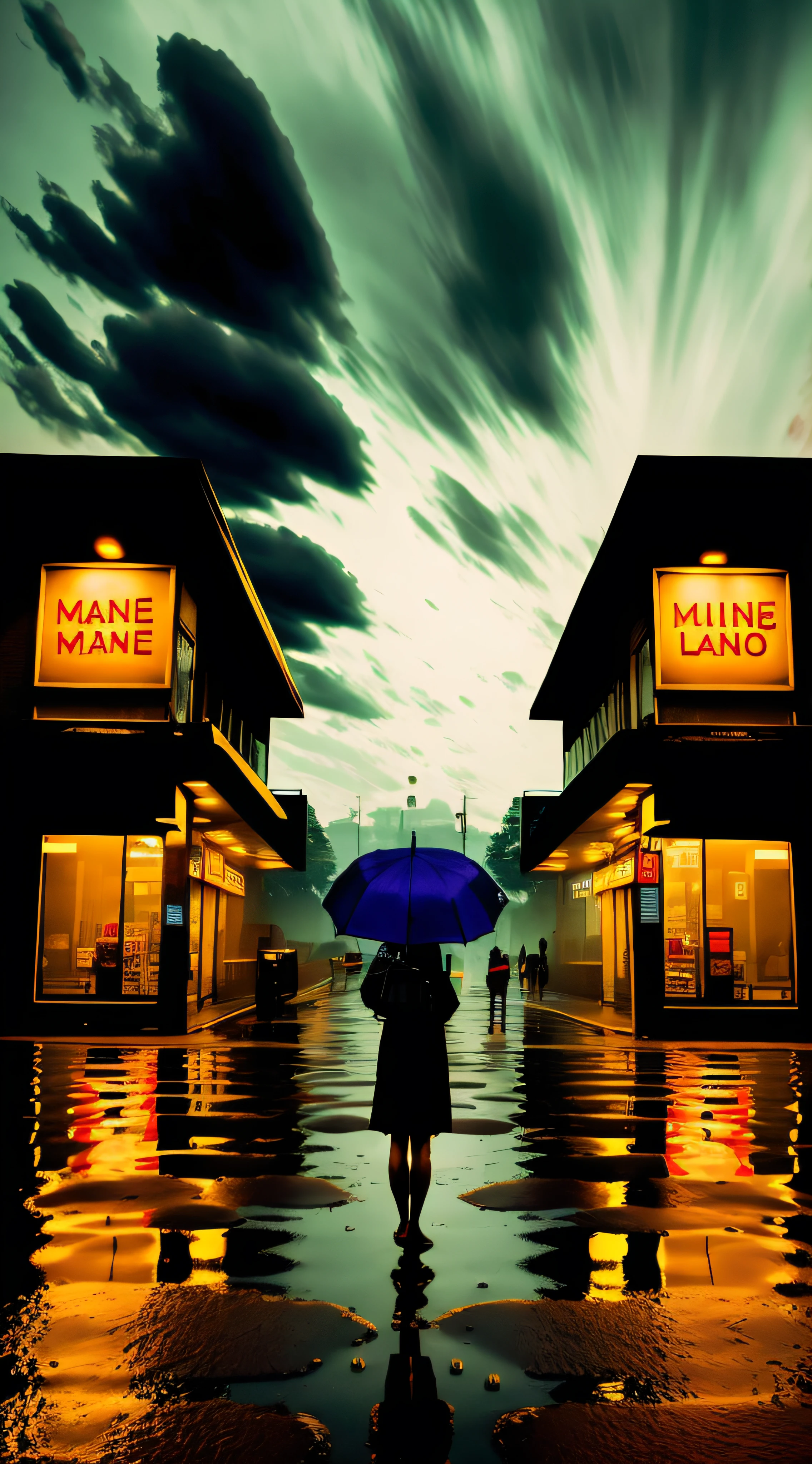a person walking in the rain with an umbrella , 1girl, solo, holding, standing, outdoors, sky, night, umbrella, scenery, reflection, rain, holding umbrella, sign, road, lamppost, black umbrella