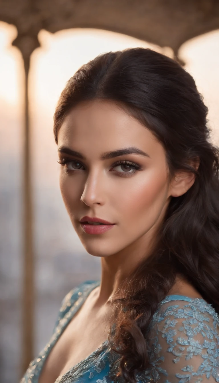 mujer morena.latina. Cabello largo hasta la cintura tinturado entre negro y rubio. top escotado. cuerpo completo. con curvas definidas.ojos azules posando en un atardecer. Round, defined cheekbones.labios grandes y  carnosos. cejas gruesas y definidas