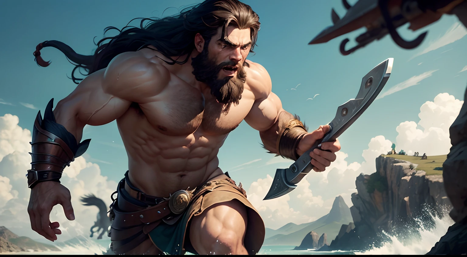 Generate an image depicting the determined Hercules, armed to the teeth and equipped with essential gear, embarking on a perilous journey into the very heart of the territory inhabited by the fearsome Nemean Lion