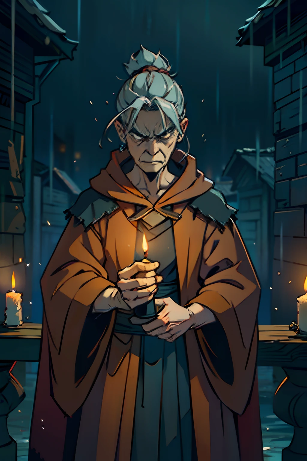 An angry old woman, with a deadly scowl, wearing brown tattered robes, holding a small candle, background is dark, misty rain, mood is gloomy, desperate, confining, depressing, night time light, character design.