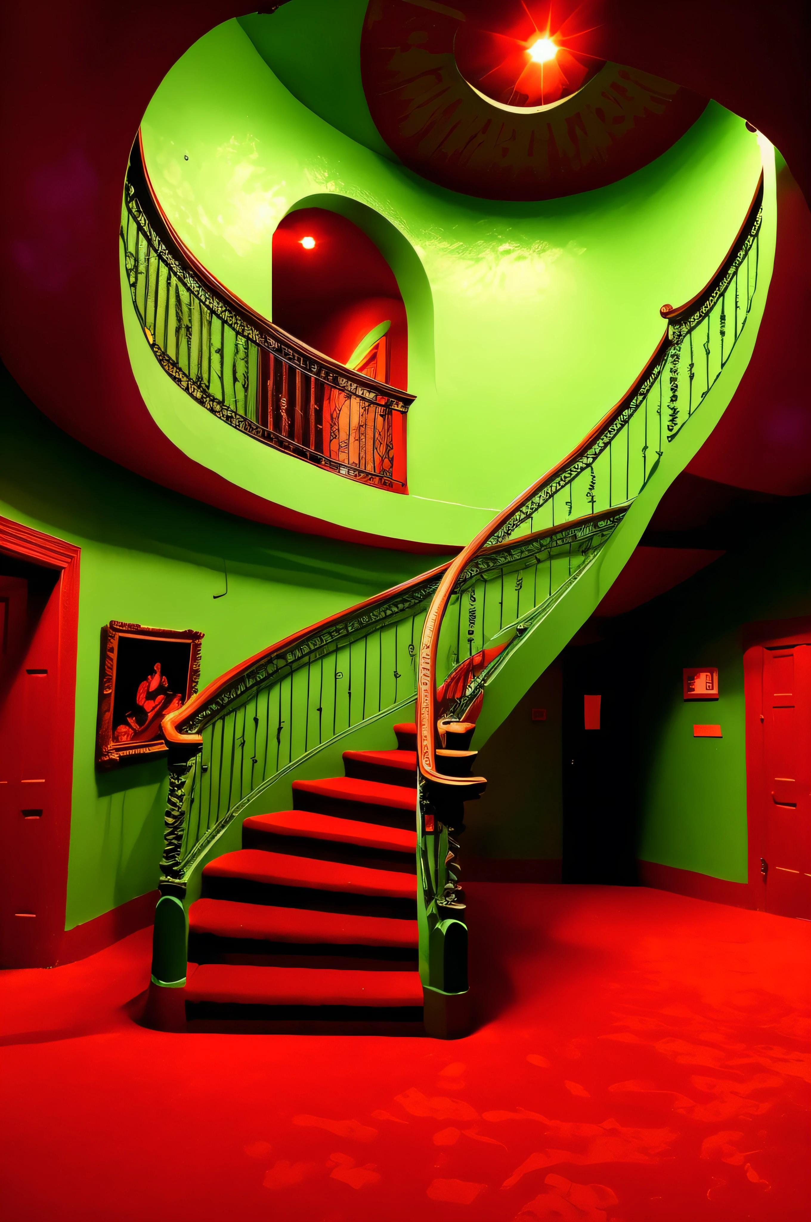 a spiral staircase in a green room with a red carpet , a red light shines on a house in the country