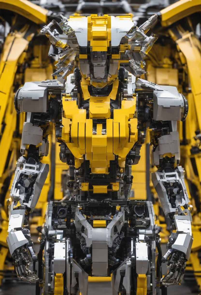 A closeup of a t800 on a stand with a yellow wall, robot made of jet parts, mechanical robot body, detailed humanoid, symmetry! futuristic robotics, made of lego, endoskeleton, made of mechanical parts, intricate mechanical body, mech body, large robot, mega humanoid mecha