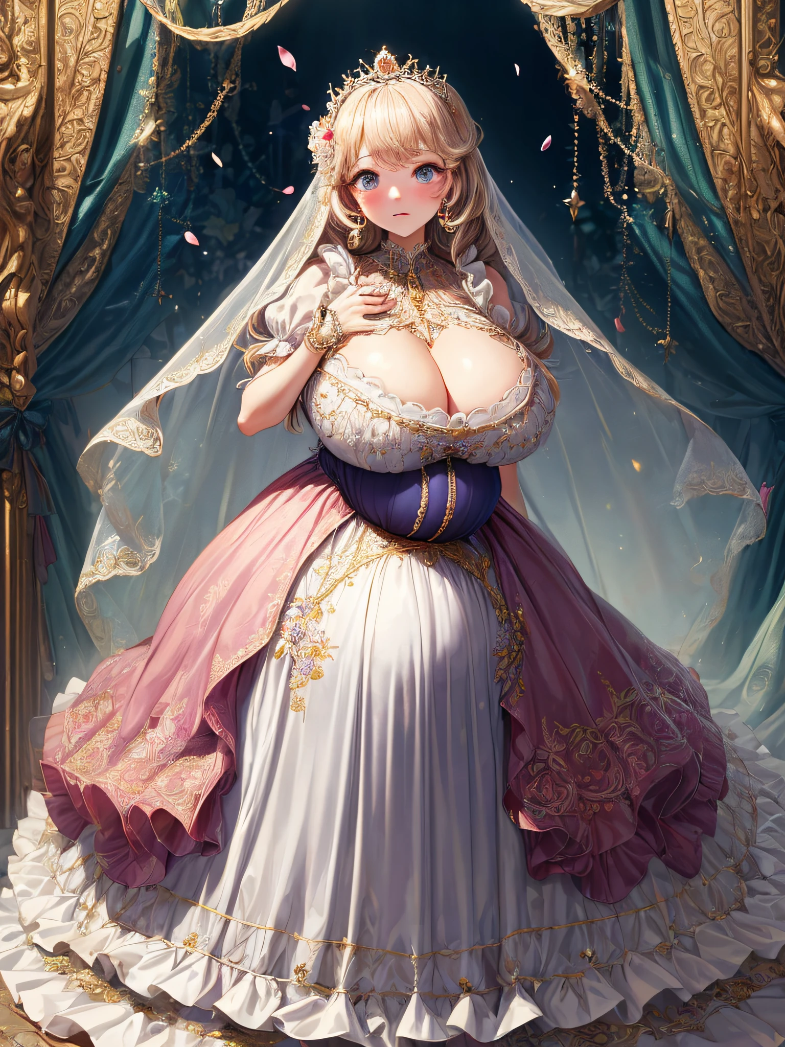 (masterpiece, best quality,extremely detailed:1.1),(moe anime art style:1.2),1girl,((full body,focus face)),((solo)), cute, kawaii,digital art,((1 bling-bling pregnant princess wearing beautiful embroidery and jeweled gorgeous princess rococo ballgown with voluminous full length hoop skirt)),(((heavily pregnant,very big pregnant belly))),((crinoline)),long train,voluminous frills,(gorgeous embroidery and beautiful lace),((very gigantic boobs,skindentation)),cleavage,shiny hair,(((very long straight hair,large amount of straight hair))),((embarrassed)),anguish,((finely detailed face and eyes)),clear pupil,extremely gorgeousfull hair ornament,(bling-bling jeweled extremely gorgeousfull tiara),(bling-bling gorgeous gemstone jewelry),long veil,beautiful background,fantasy background,flowers,flower petals flowing,full body,((beautiful embroidery and jeweled ruffled gorgeous princess rococo ballgown with voluminous full length hoop skirt))