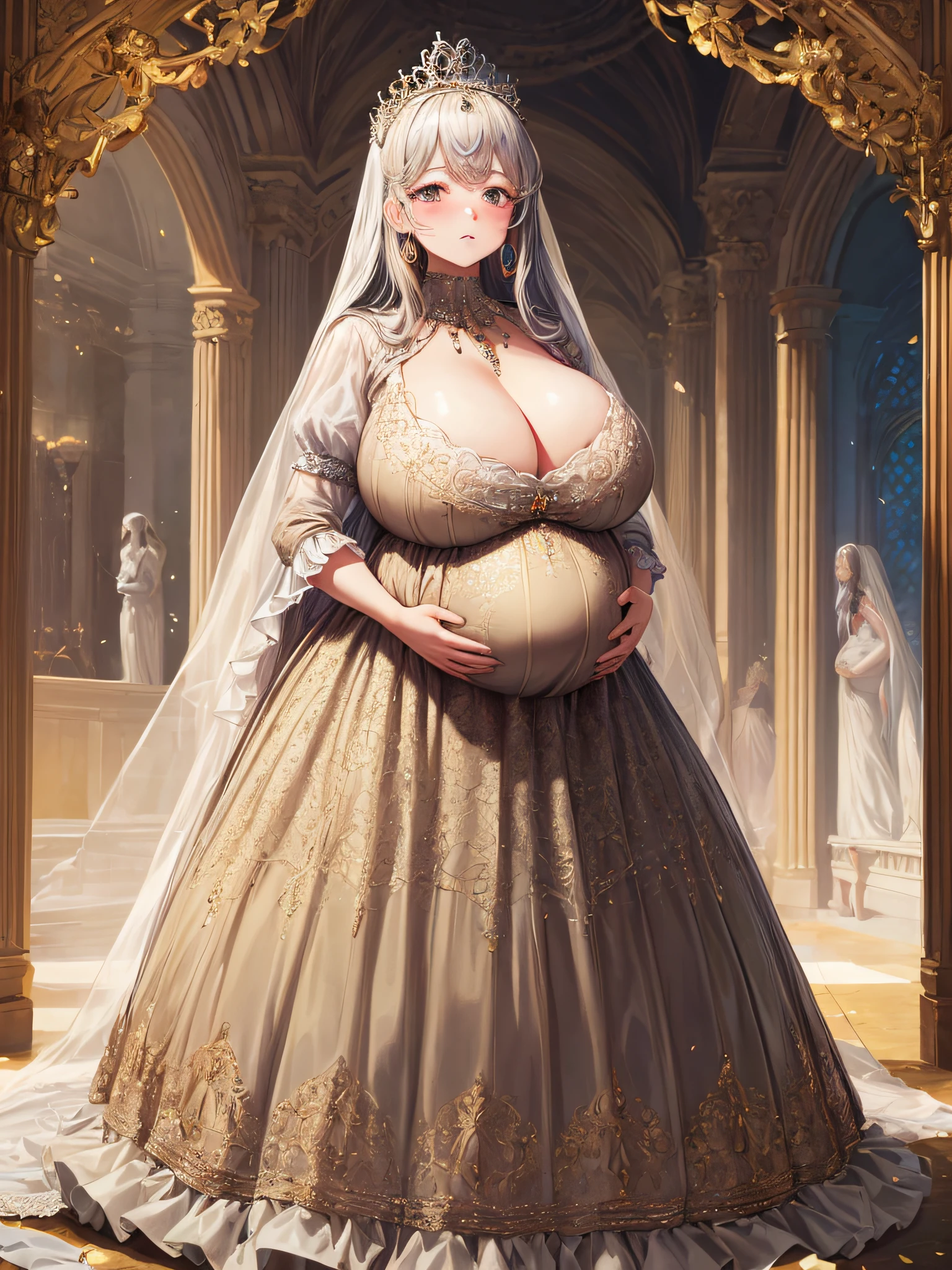 (masterpiece, best quality,extremely detailed:1.1),(moe anime art style:1.2),1girl,((full body,focus face)),((solo)), cute, kawaii,digital art,((1 bling-bling pregnant princess wearing beautiful embroidery and jeweled gorgeous princess rococo ballgown with voluminous full length hoop skirt)),(((heavily pregnant,very big pregnant belly))),((crinoline)),long train,voluminous frills,(gorgeous embroidery and beautiful lace),((very gigantic boobs,skindentation)),cleavage,shiny hair,(((very long straight hair,large amount of straight hair))),((embarrassed)),anguish,((finely detailed face and eyes)),clear pupil,extremely gorgeousfull hair ornament,(bling-bling jeweled extremely gorgeousfull tiara),(bling-bling gorgeous gemstone jewelry),long veil,beautiful background,fantasy background,flowers,flower petals flowing,full body,((beautiful embroidery and jeweled ruffled gorgeous princess rococo ballgown with voluminous full length hoop skirt))