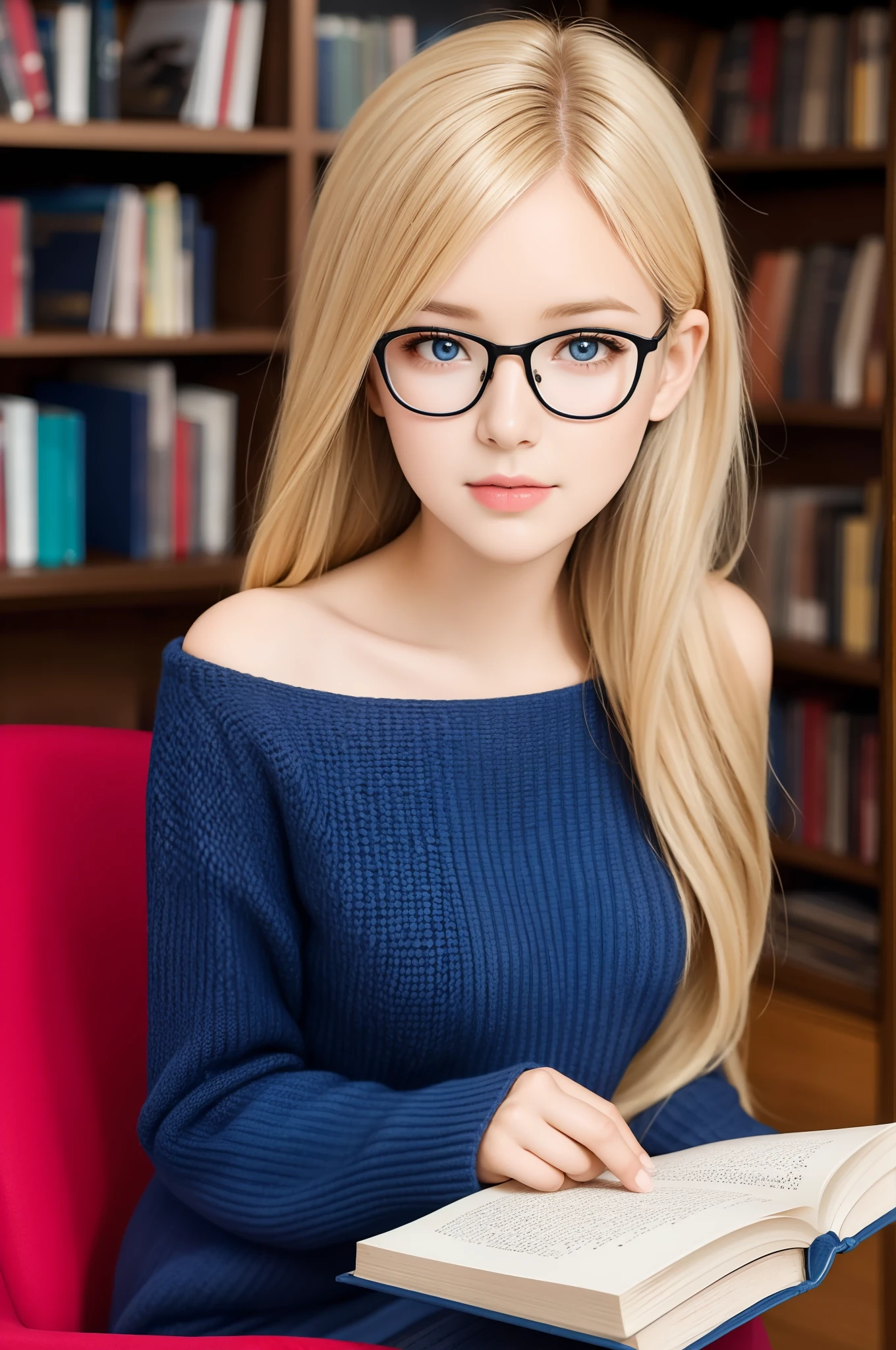 (best quality, ultra-detailed), a girl reading a textbook, beautiful detailed blue eyes, beautiful detailed lips, longeyelashes, studying, a quiet library, soft natural lighting, bookshelves filled with books, curled up on a cozy armchair, reading glasses, concentrated expression, flowing blonde hair, plaid skirt and sweater, high-res image, vivid colors, ultra-realistic, bokeh, cleavage.