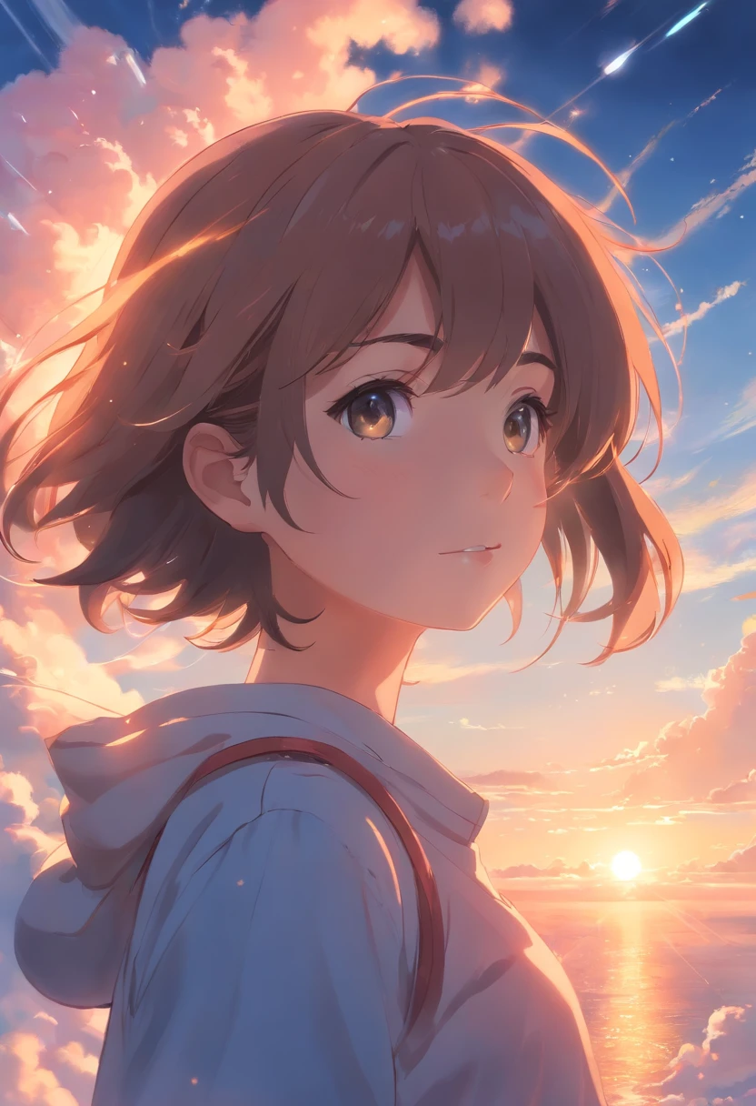 masterpiece, best quality, movie still, 1girl, cloud girl, floating in the sky, close-up, bright, happy, warm soft lighting, sunset, (sparks:0.7)