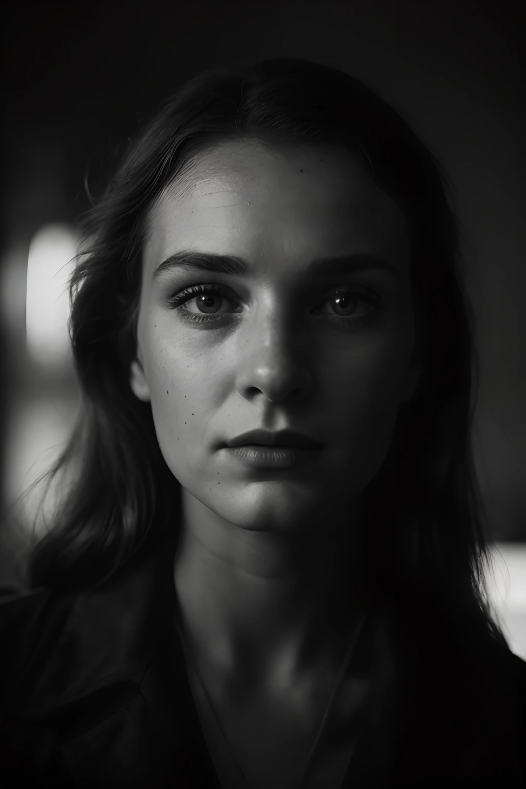 (close-up, editorial photograph of a 20 yo woman from the 1940's), (highly detailed face:1.4) (smile:0.7) (background inside dark, moody, private study:1.3) POV, by lee jeffries, nikon d850, film stock photograph ,4 kodak portra 400 ,camera f1.6 lens ,rich colors ,hyper realistic ,lifelike texture, dramatic lighting , cinestill 800,