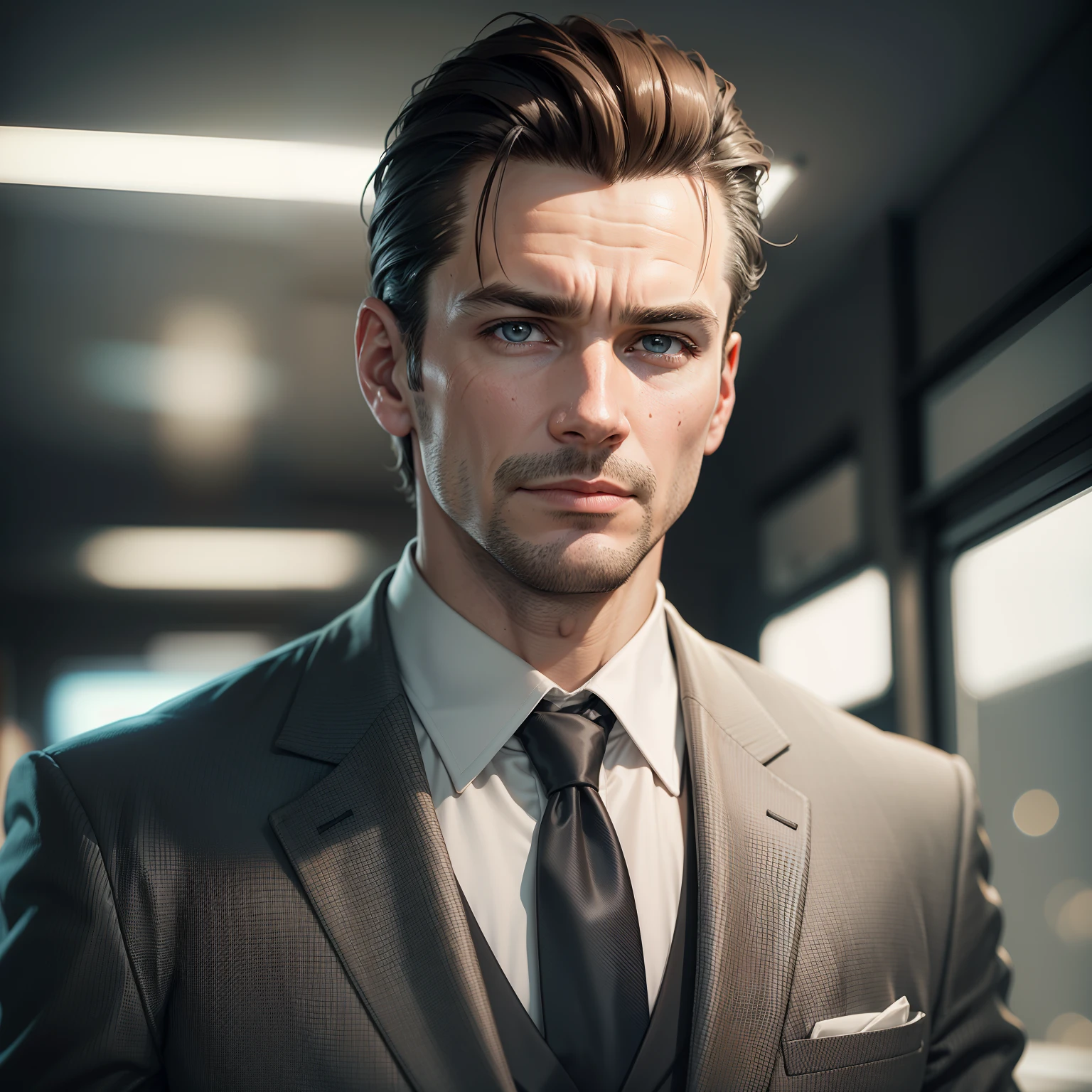 {1man}. Man with slicked-back light brown hair, darkgrey eyes, a wrinkled polyester suit, and is a 35-year-old ex-military used car salesman. He's greedy, caring only about his commission. He uses high-pressure tactics and is willing to lie to make a sale. {High quality}. {Cinematic lighting}.