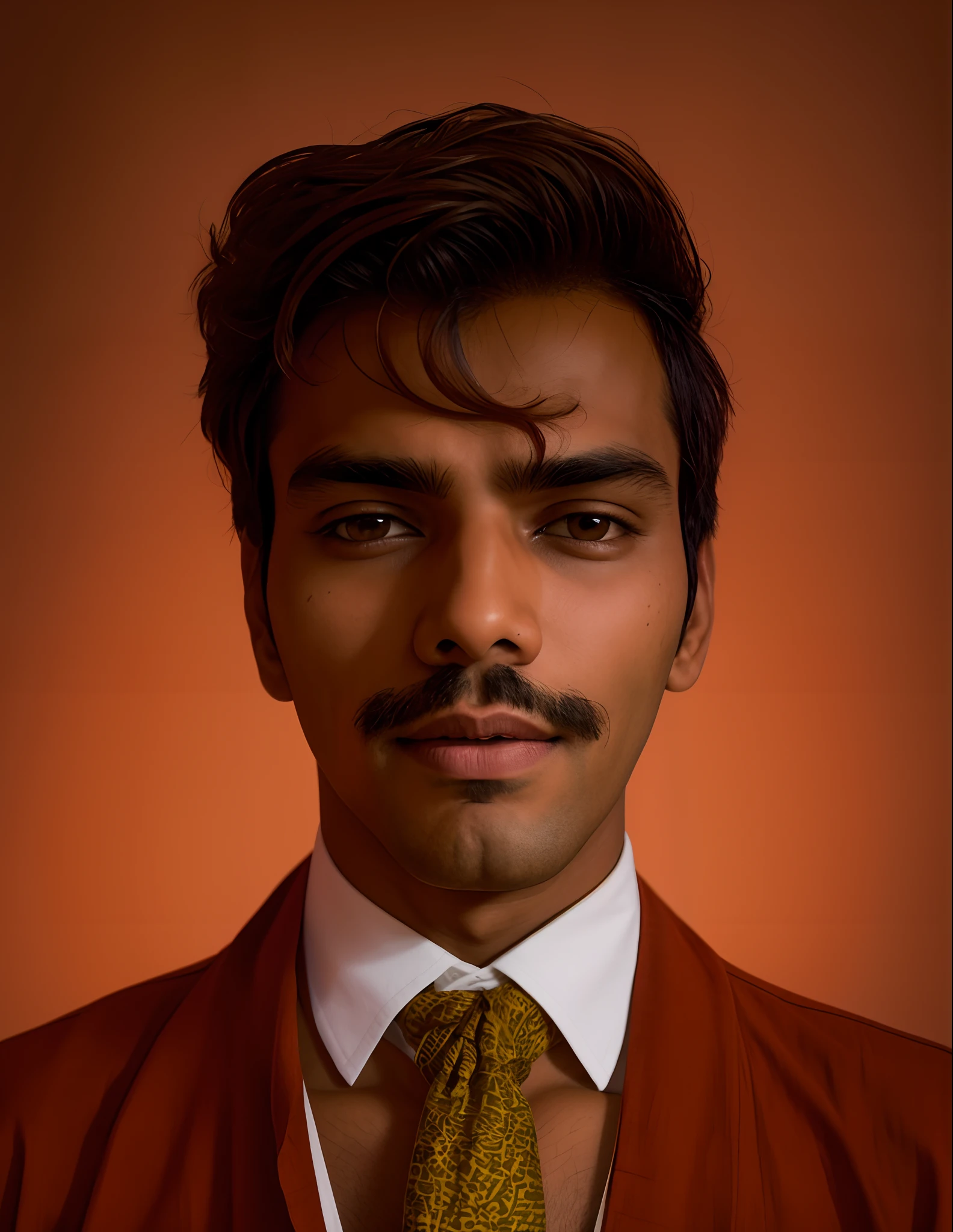 He has a tanned complexion, athletic build, and is always seen wearing traditional Indian attire, a khaki safari shirt and pants, with a bright red scarf.