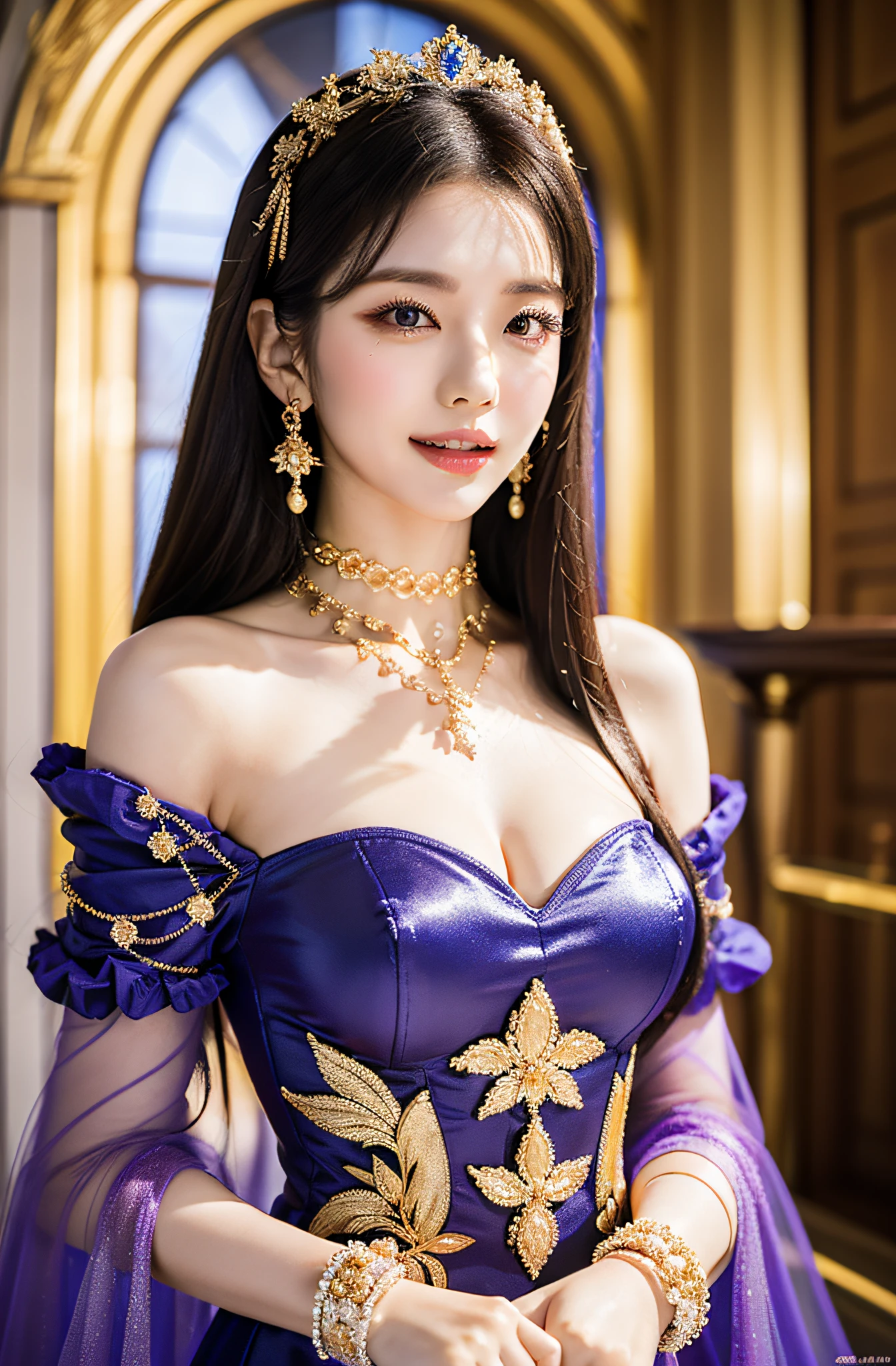 detailed background, masterpiece, best quality, 1 person , curly hair, long hair, purple eyes, star in eye , gold Strapless blouse, long skirt