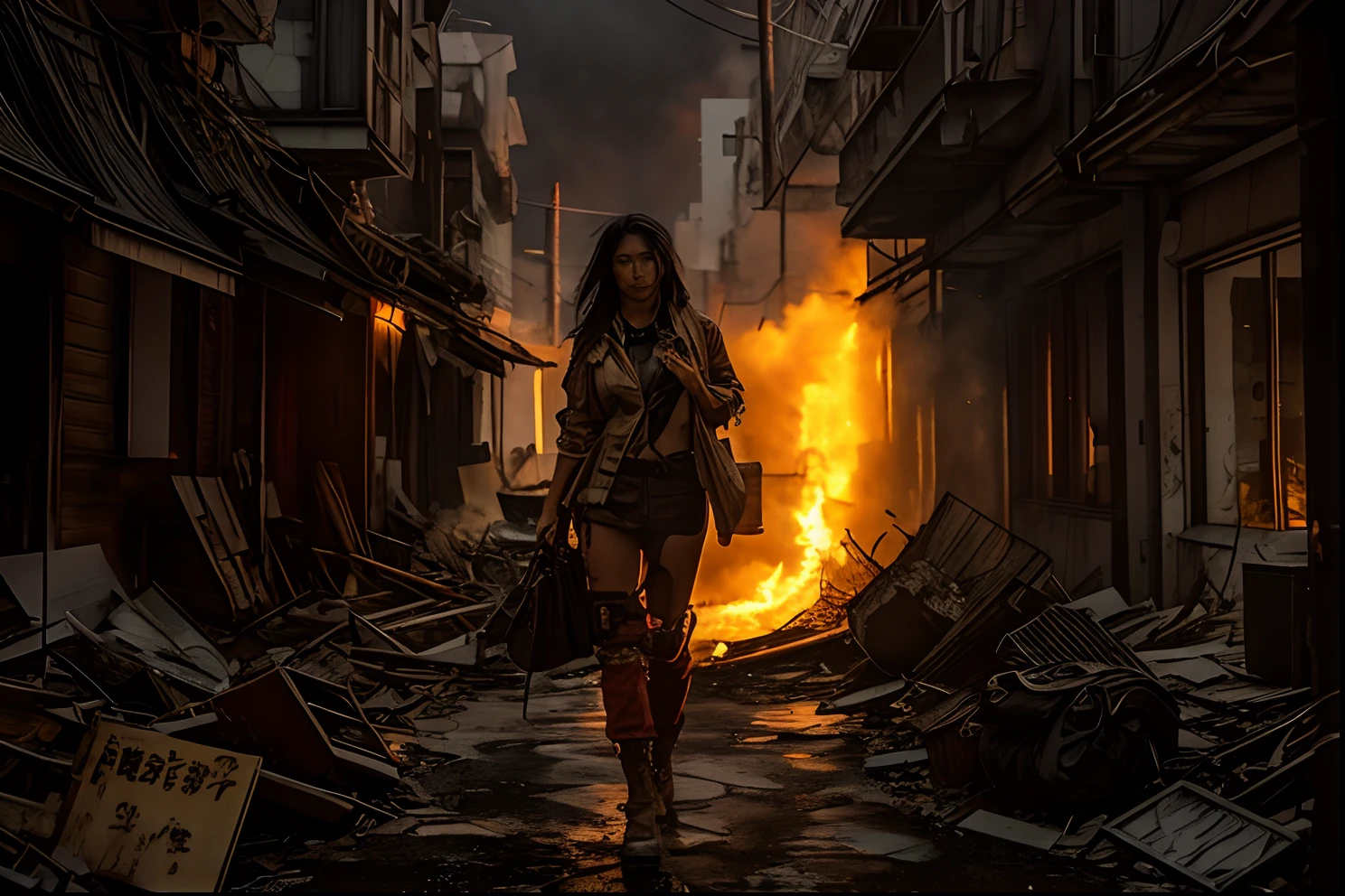 Woman walking down a city street with a fire in the background, em uma paisagem urbana arruinada, ( apocalyptic ) 8 mil, In a post-apocalyptic setting, in a post apocalyptic city, cinematic photograph concept art, cinemactic. por leng jun, apocalyptic scenery, set in post apocalyptic tokyo, apocalyptic 8 k, apocalyptic 8 k, destroyed city in the background