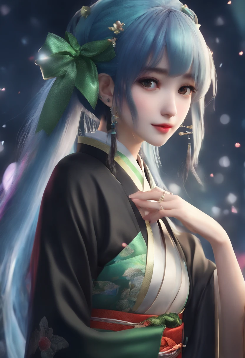 (masterpiece, best quality, highres:1.4), wallpaper, full body, 1girl, long hair, (blue hair:1.0), (black hair:1.0), green eyes, multicolored hair, gradient hair, small breast, facing to the side, yukata , holding party popper, night, hairclip, bangs, ultra realistic, realistic, real life