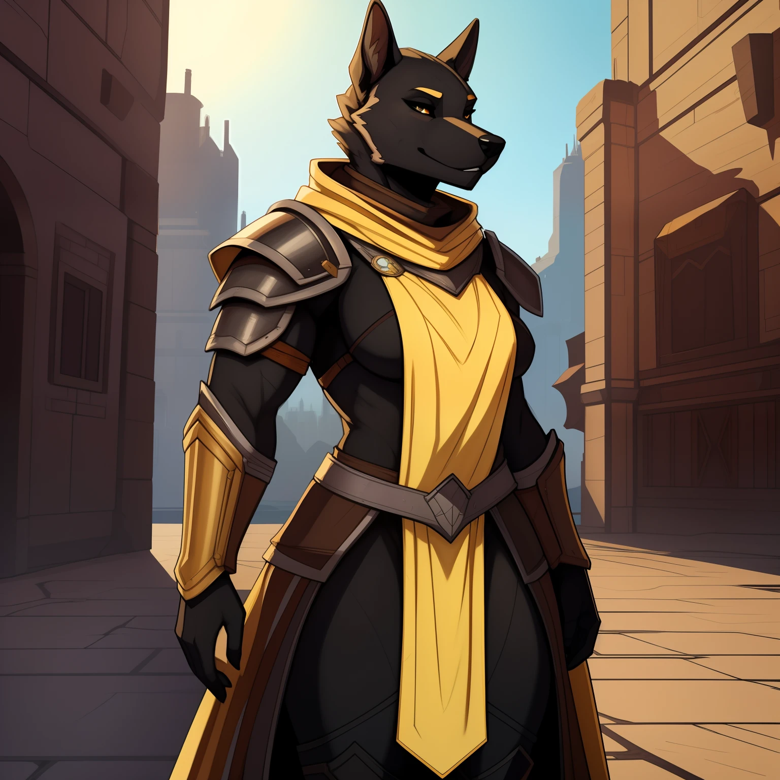 Tall_muscular_warhound female black_furry_body gray_eyes 15th_century_plate_armor yellow_tabard yellow_surcoat solo Masterpiece best_quality absurdres highly_detailed cleanly_drawn_eyes anthro_only by_claweddrip, by_greasymojo, by_underscore-b, by_runawaystride