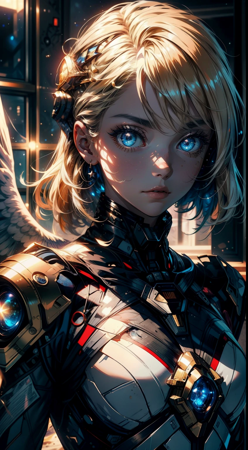 realistic, 4k, an angel with big wings, a sword, a hood over his head in the background image of a war (chaos) space girl,space suit, space, masterpiece, best quality, technological, high tech, intricate, detailed, absurdes, 1girl, cute, perfect face, extreme detail, (masterpiece), (best quality), face, looking at the viewer, wide eyes, astonishment, fright, surprise, space, window, gorgeous, star dust,cosmic, wallpaper, cinematic,compsition, colorful, perfect eyes,8k, in dimensions 1080 x 1920, very beautiful blonde, real skin, blue eyes, raw, sensual,magic, dimensions, stardust, futuristic