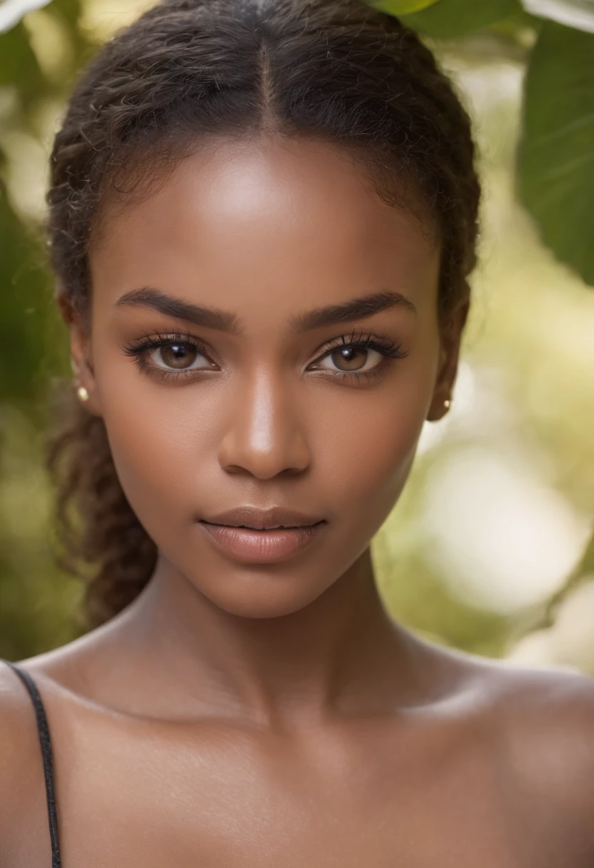 dark brown skin, beautiful face, afro hair, natural afro, long hair, african tribal theme, ((crystal clear hazel eyes:1.2)), detailed eyes, beautiful eyes, ((masterpiece, UHD, 8K)), Depth of field, jamaican trees, cleavage, large breasts, focus on eyes, breasts popping out, detailed skin, texture skin, sexy shoulders, golden brown tan, highly detailed skin, long eyelashes, black mascara, perfect face