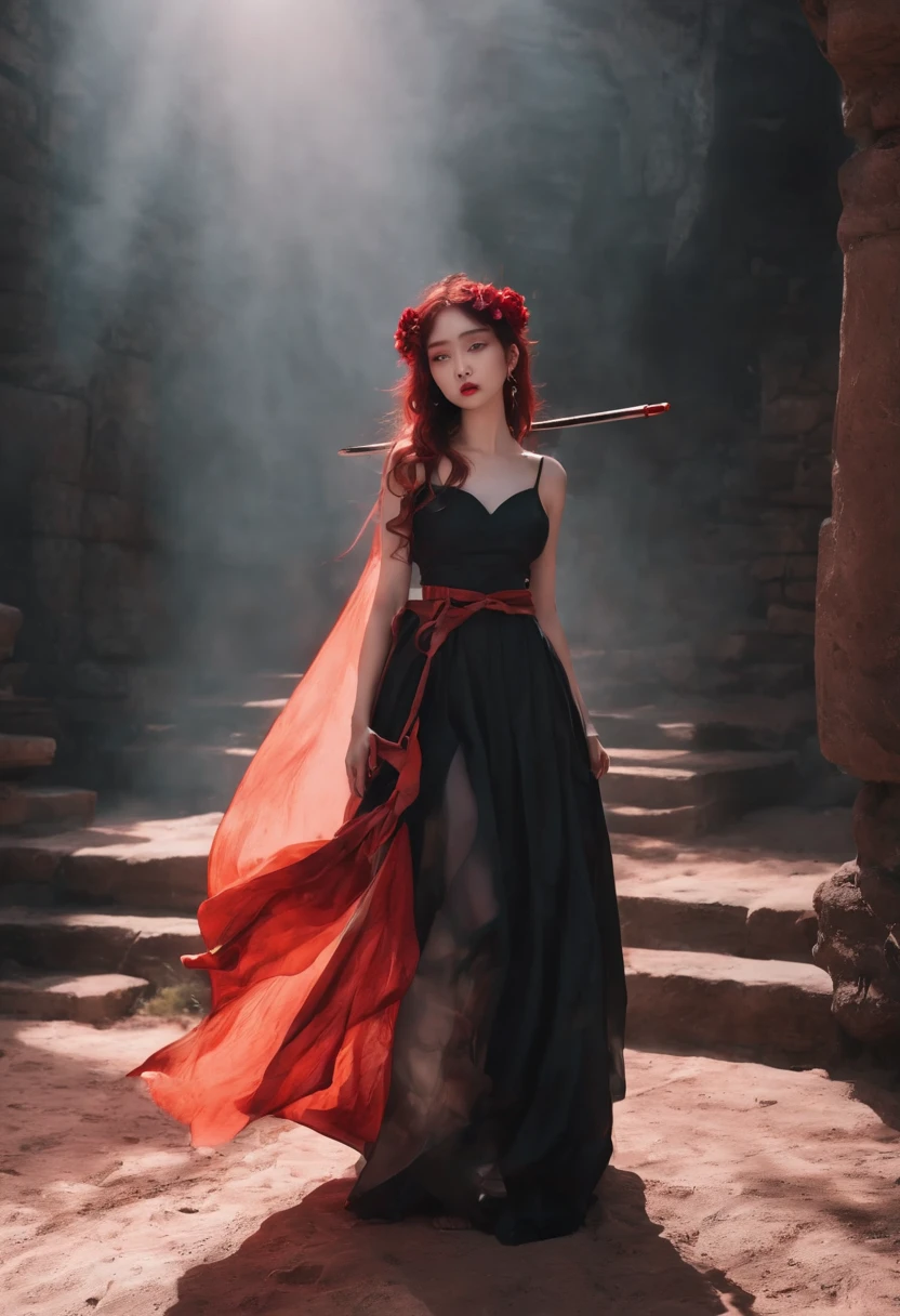 analogue photography, Grain Film, Vintage photo, portra 400, The Flash, Lo-Fi aesthetics:: 1girl, 独奏, red hair, two-tone dress, Black Dress, Red dress, Sleeping, temple, ancient goddess, (swords:1.6), a goddess, 血, fangs, music, Faceless, red eyes, A Blossoming Heart, tall towers, ((Traces)), Sleeps, for sixteen thousand years, (Two-color fire), Pink Fire, red fire, (Cartoon Fire:1.5), Corpses, desert, avatar, Beautiful, stylish, commands attention, unique, aesthetic, Drama, dramatic, vibe, atmospheric, illumination, hard lighting, 🕸️, 🕷️, 🔪, 💔, 😐, A gloomy place, darkly, Curls, emo, black lipstick, two tone hair, Gradient hair, Spessartine gradient, Spessartine hair gradient, (Luminous spessartine:1.5), extra very long hair, curly hair, fluffy dress, Long Dress, Very short skirt, bare footed, shoulder-high, Bloody roses, Broken crown, (Dimmer:1.6), (Detailer:0.5), Halo, ((glowing halo))