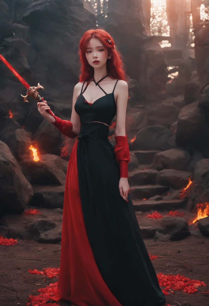 analogue photography, Grain Film, Vintage photo, portra 400, The Flash, Lo-Fi aesthetics:: 1girl, 独奏, red hair, two-tone dress, Black Dress, Red dress, Sleeping, temple, ancient goddess, (swords:1.6), a goddess, 血, fangs, music, Faceless, red eyes, A Blossoming Heart, tall towers, ((Traces)), Sleeps, for sixteen thousand years, (Two-color fire), Pink Fire, red fire, (Cartoon Fire:1.5), Corpses, desert, avatar, Beautiful, stylish, commands attention, unique, aesthetic, Drama, dramatic, vibe, atmospheric, illumination, hard lighting, 🕸️, 🕷️, 🔪, 💔, 😐, A gloomy place, darkly, Curls, emo, black lipstick, two tone hair, Gradient hair, Spessartine gradient, Spessartine hair gradient, (Luminous spessartine:1.5), extra very long hair, curly hair, fluffy dress, Long Dress, Very short skirt, bare footed, shoulder-high, Bloody roses, Broken crown, (Dimmer:1.6), (Detailer:0.5), Halo, ((glowing halo))