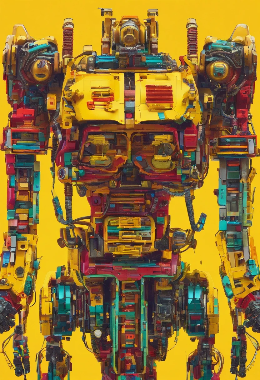 A closeup of a t800 on a stand with a yellow wall, robot made of jet parts, mechanical robot body, detailed humanoid, symmetry! futuristic robotics, made of lego, endoskeleton, made of mechanical parts, intricate mechanical body, mech body, large robot, mega humanoid mecha