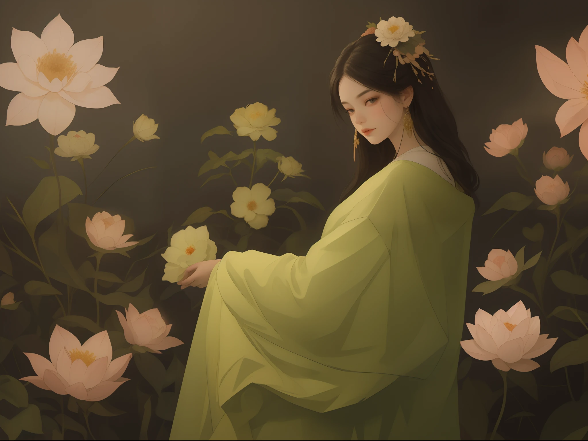 Best quality、tmasterpiece、A high resolution、1 flat-chested girl、HD photo of the upper body、Green porcelain soft satin dress、Green dress,green robe,Delicate hair accessories、Fine Necklace、detailed jewellery、pretty face、Physically、Flat and thin body,smallunderboob,Tyndall effect、realisticlying、Surrounded by white flowers、White flowers,edge lit、Surrounded by white flowers、bicolor lighting、(highdetailskin:1.2)、8K, Ultra HD、Digital SLR、softlighting、high high quality、volumettic light、sneak shot、photore、A high resolution、4K、8K、The background is blurred out,