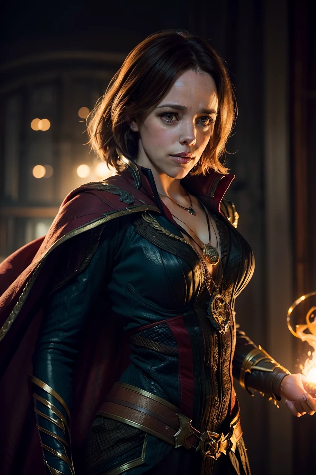 ((Rachel McAdams as Dr. strange casting a magic spell)), wearing Dr. Strange cape, wearing Eye of Agamotto necklace, big necklace, (dynamic pose), defined muscles, red hair, athletic build, tight costume, very beautiful,  (highly detailed skin: 1.2), serious face, beautiful face, highly detailed skin, skin pores, (highly detailed face:1.1), (highly detailed eyes:1.1), realistic pupils, full face blush, full lips, (perfect anatomy:1.1), (perfect proportions:1.1), (photography:1.1), (photorealistic:1.1), volumetric lighting, dynamic lighting, real shadows, (highres:1.1), sharp focus, (realistic, hyperrealistic:1.4), intricate, high detail, dramatic, subsurface scattering, vivid, polished, sharpened, 35mm, 8k, (dungeon background)