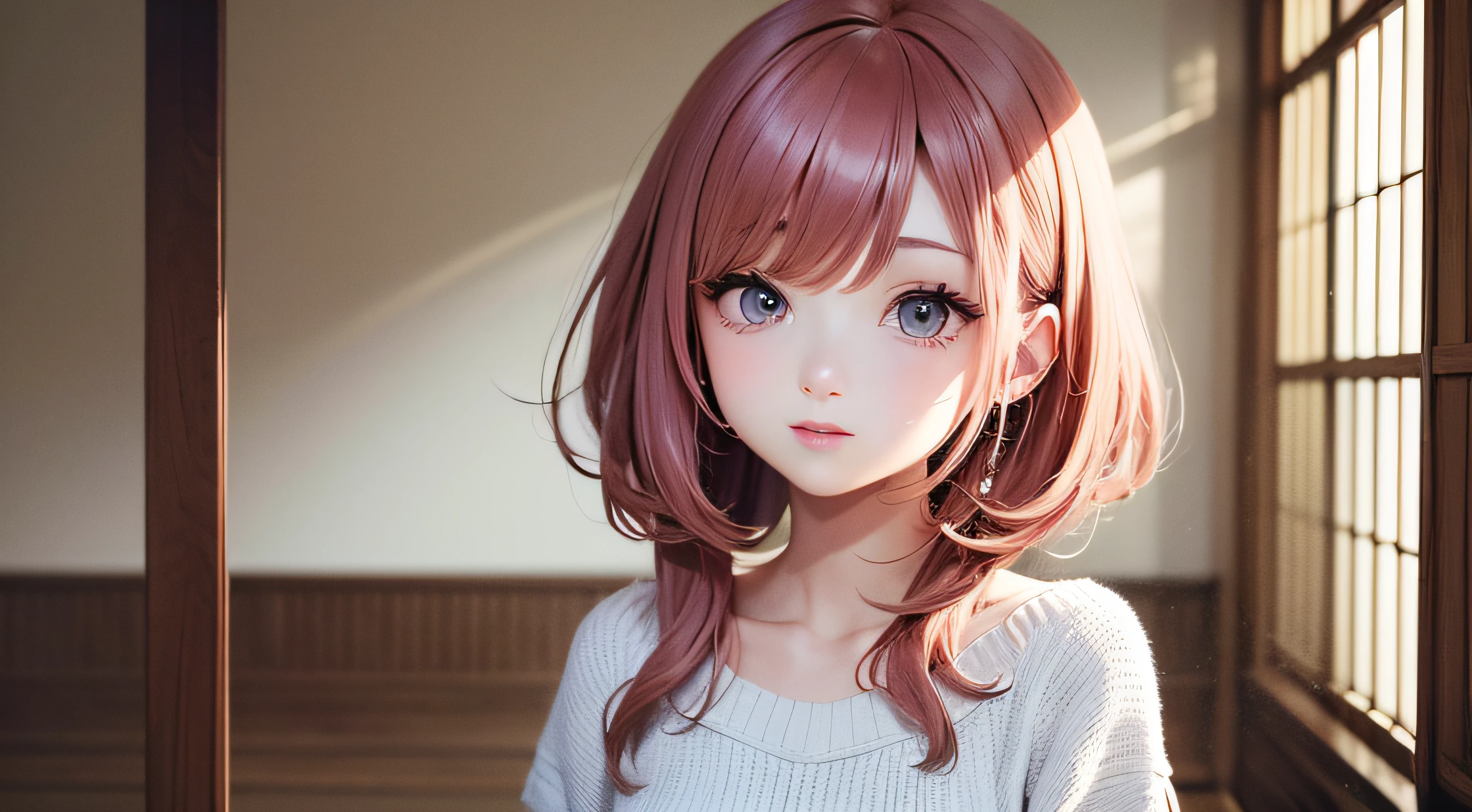 beautiful illustration、qualidade superior、Menina fofa s、quarto、Um cabelo rosa、comprimento do cabelo、(((saia plissada rosa)))、